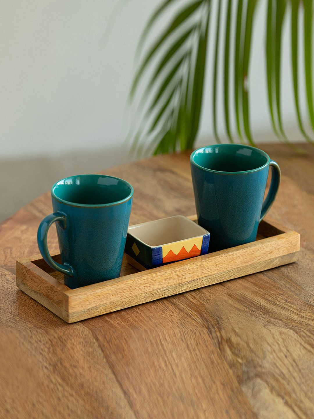 ExclusiveLane Teal Ceramic Microwave Safe 2 Piece Mugs with Bowl and Tray-320ml