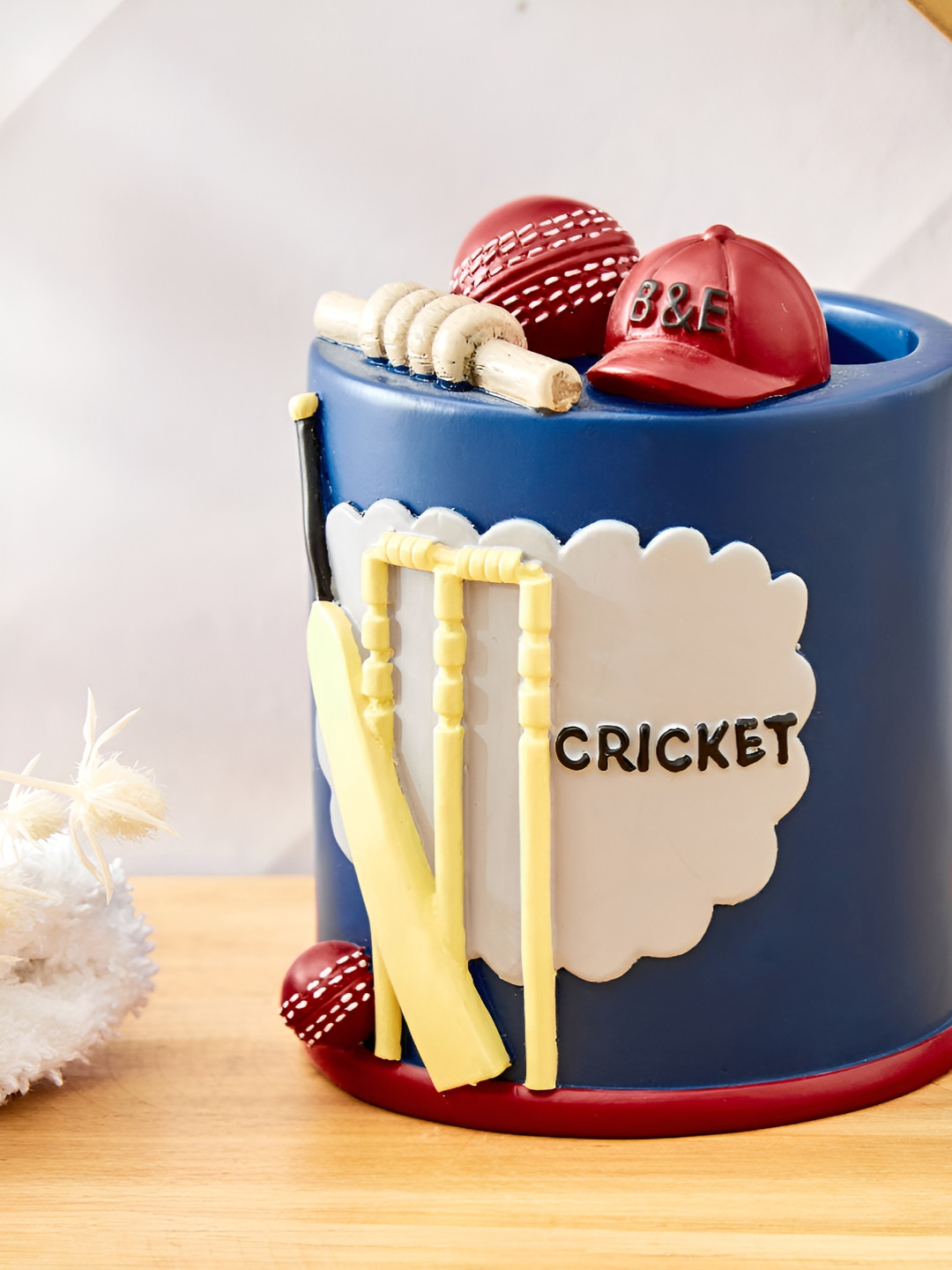 Home Centre Blue & White Cricket Stumps Textured Toothbrush Holder