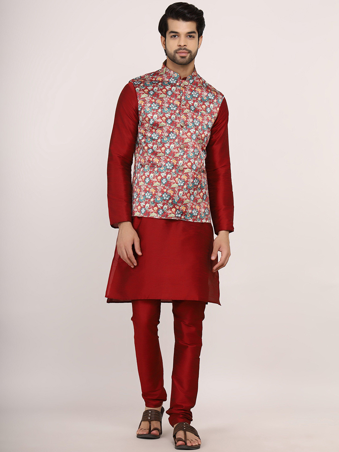 Sadree Mandarin Collar Dupion Silk Kurta With Pyjama & Printed Nehru Jacket