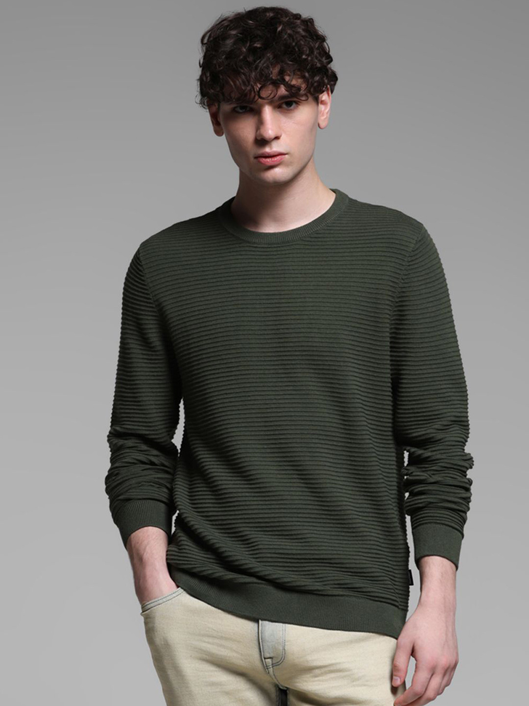 Jack & Jones Men Solid Ribbed Cotton Pullover Sweater