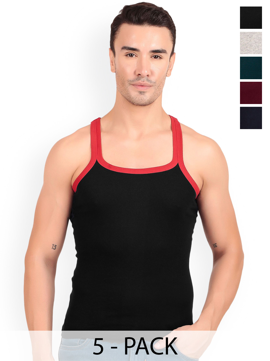 inner element  Pack Of 5 Printed Cotton Innerwear Vests 121_GYMVEST_PK5_XS