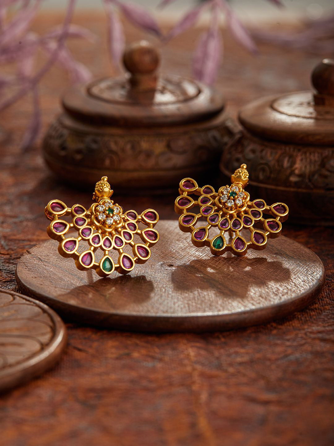 Jazz and Sizzle 24CT Gold Plated Ruby & American Diamond Crescent Shaped Temple Studs