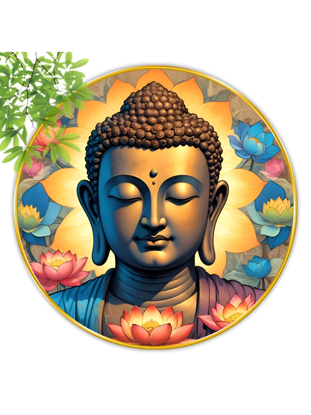 SAF Yellow & Navy Blue Wooden Buddha Religious Rounded Wall Paintings