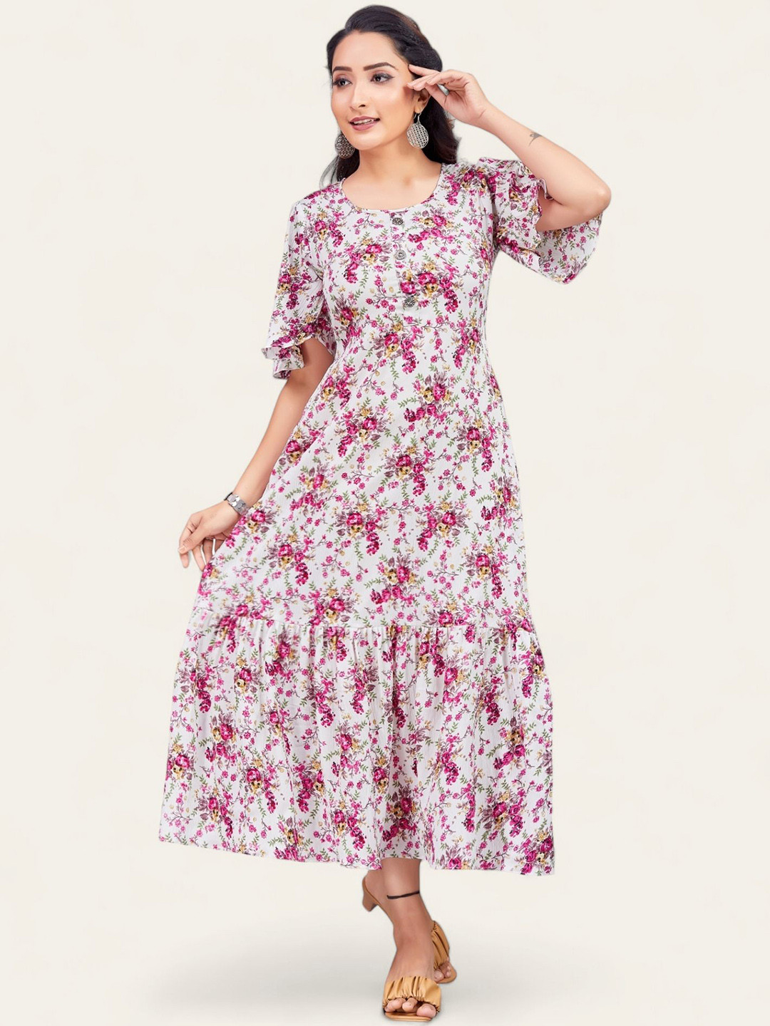 PAMPER YOURSELF Floral Printed Fit and Flare Maxi Dress