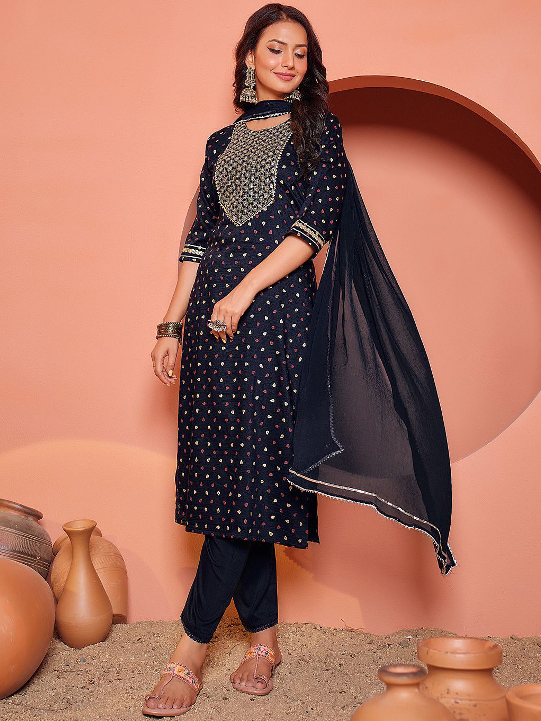 ARADHNA Bandhani Embroidered Regular Pure Silk Straight Kurta with Trousers & Dupatta
