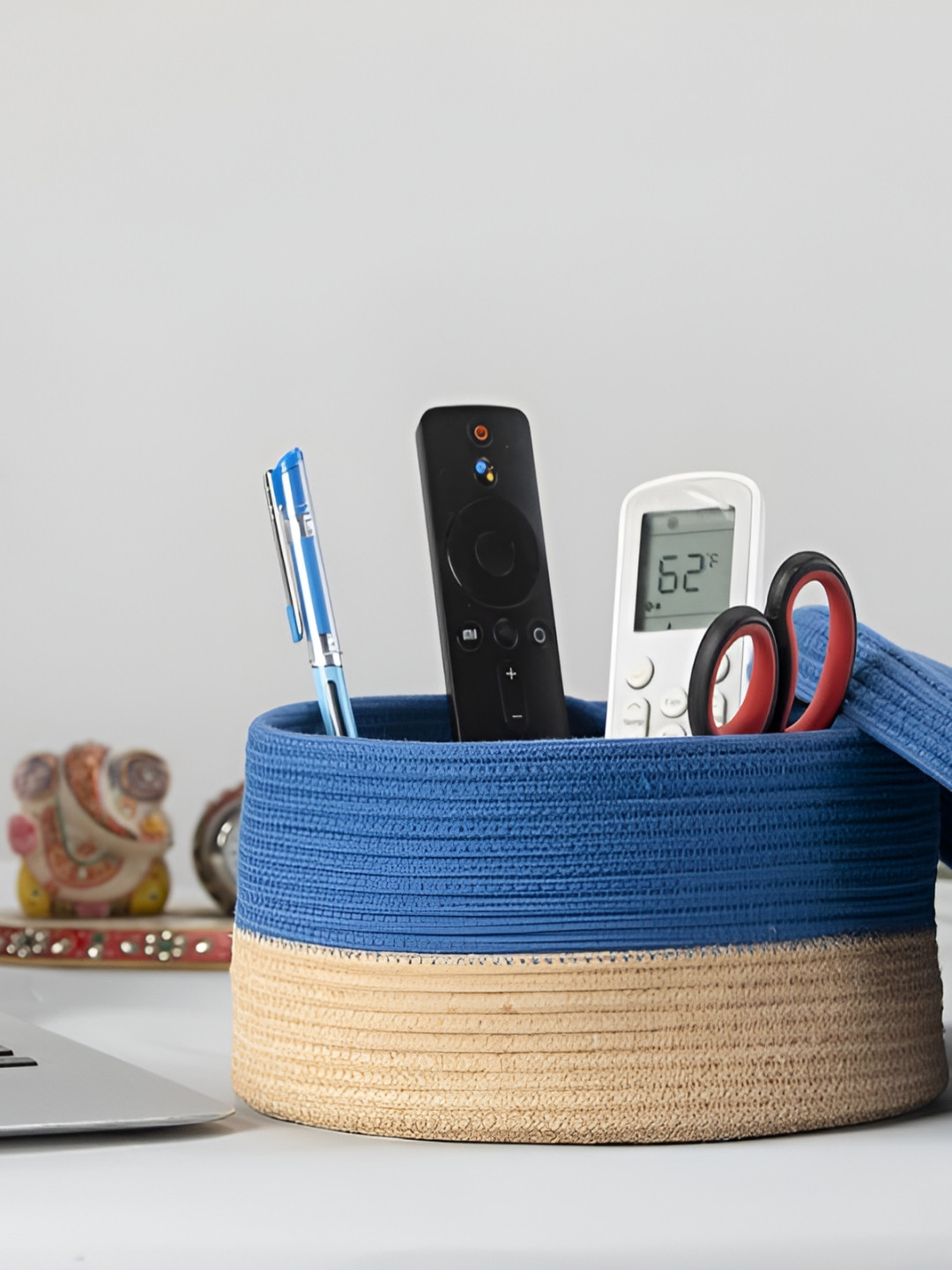 SUI DHAGGA Blue & Brown Striped Jute Cotton Shelf Basket with Lid