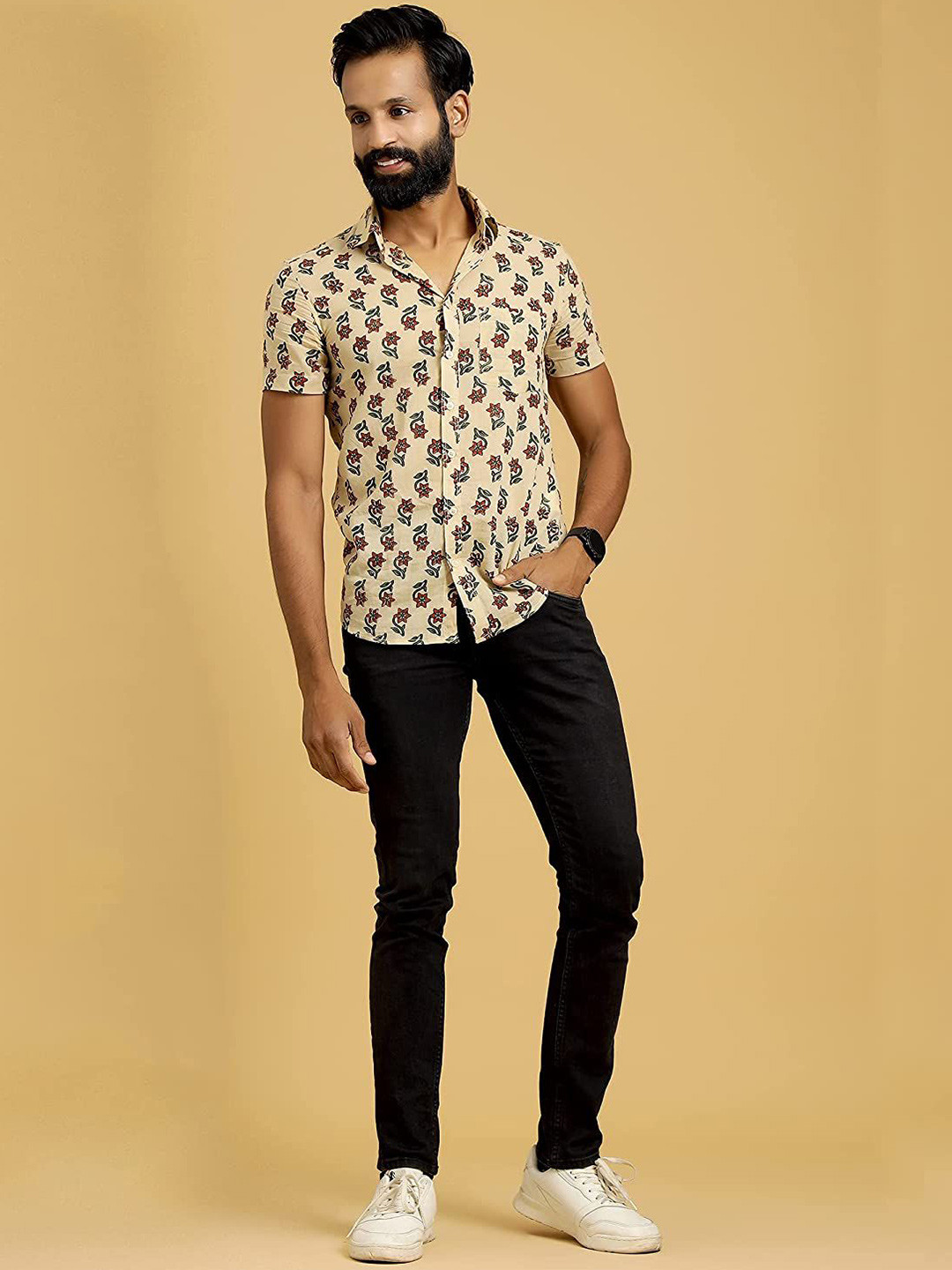 SAY Men Classic Spread Collar Ethnic Motifs Printed Cotton Casual Shirt
