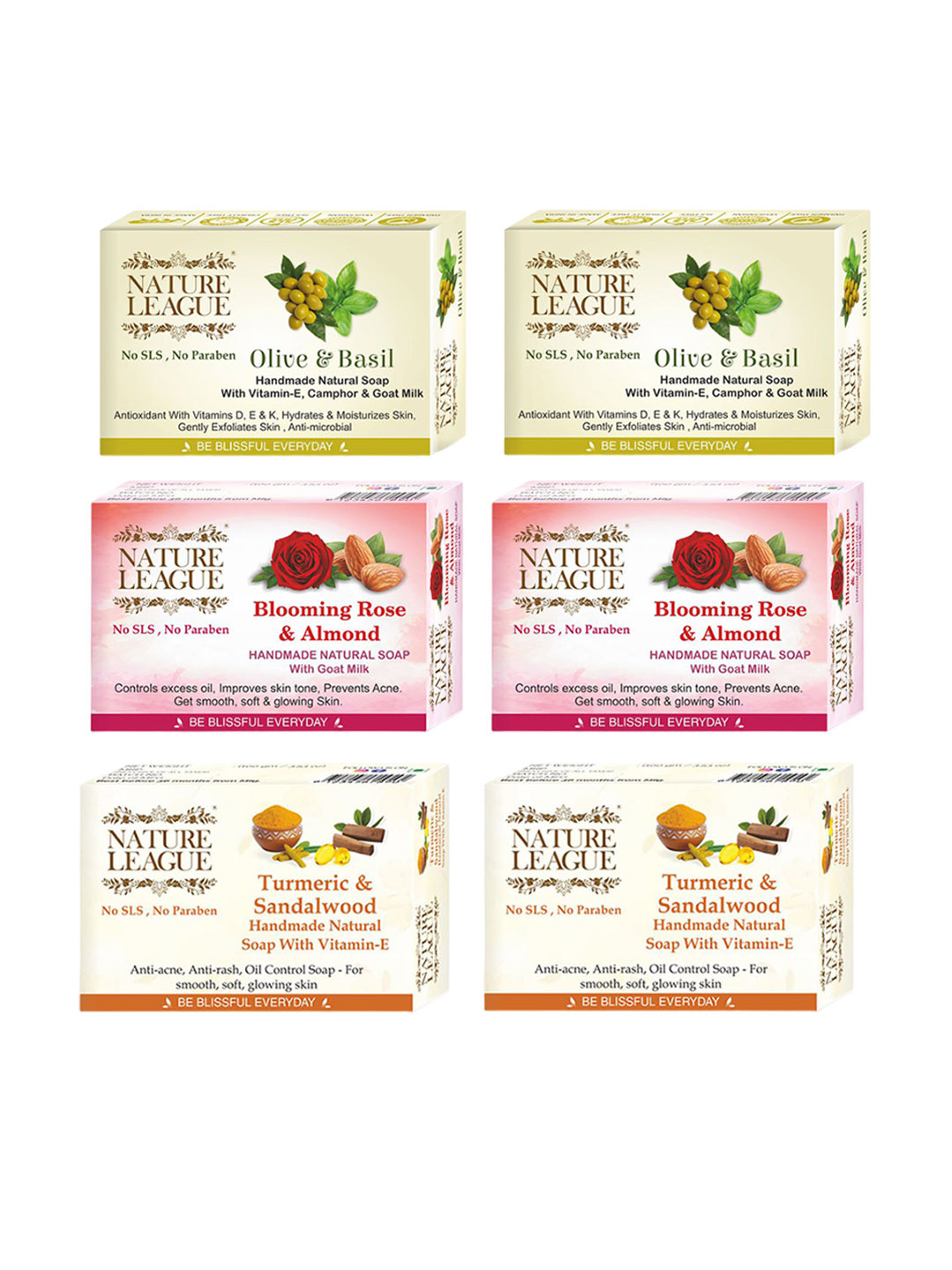 NATURE LEAGUE Set Of 6 Olive Blooming Rose & Turmeric Skin Nourishing Soaps-100g Each