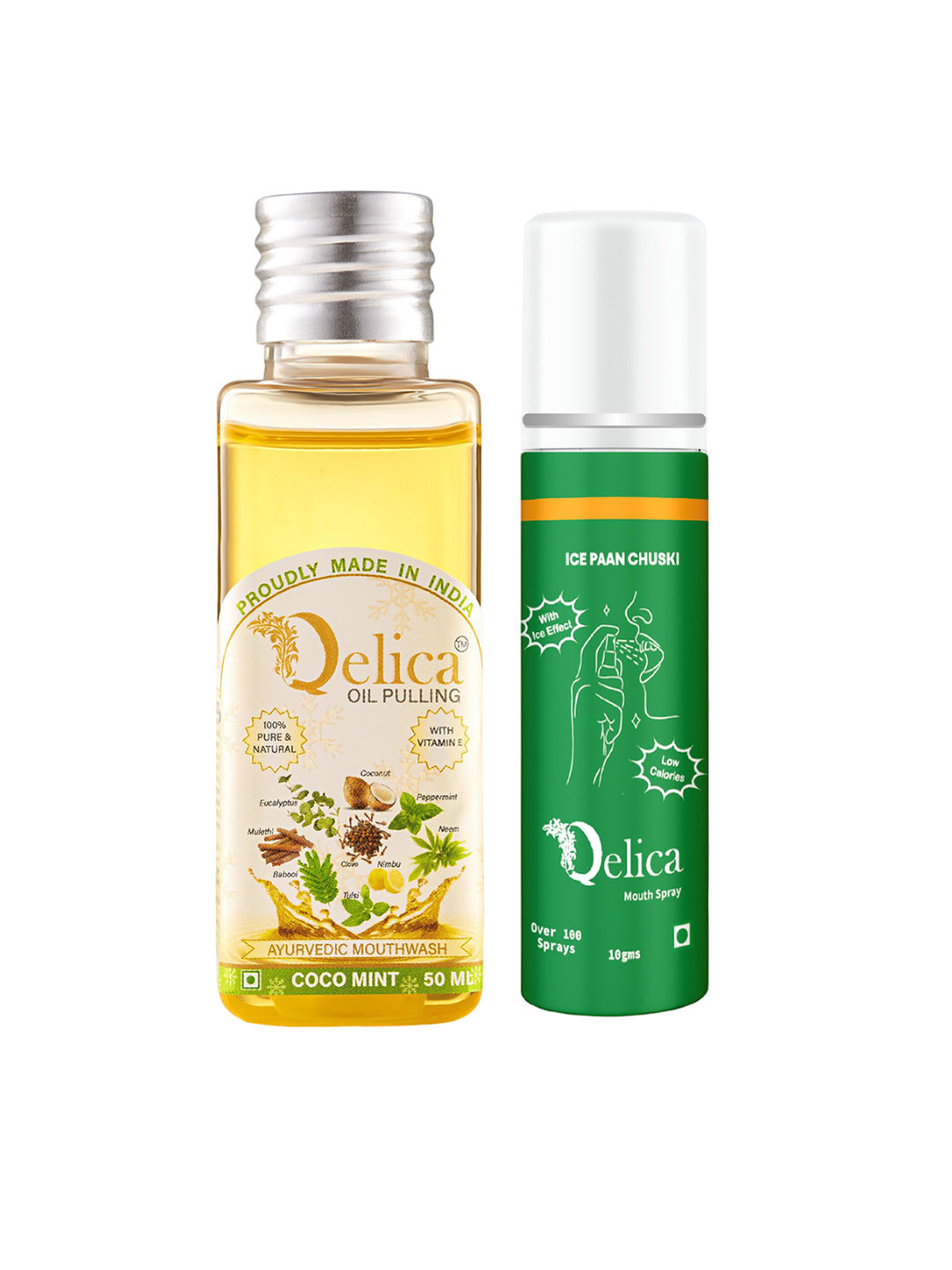 Qelica Set Of 2 Ayurvedic Coco Mint Oil Pulling Mouth Freshene-50ml & Ice Paan Spray-10ml