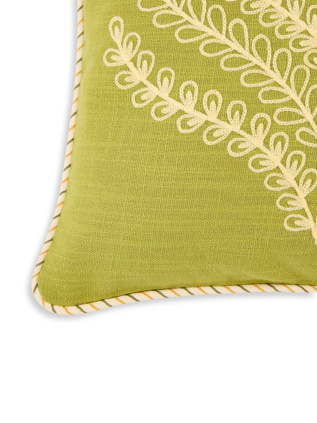 Fabindia Light-Weight Green Floral Cotton Embroidered Square Cushion Cover -12x12In