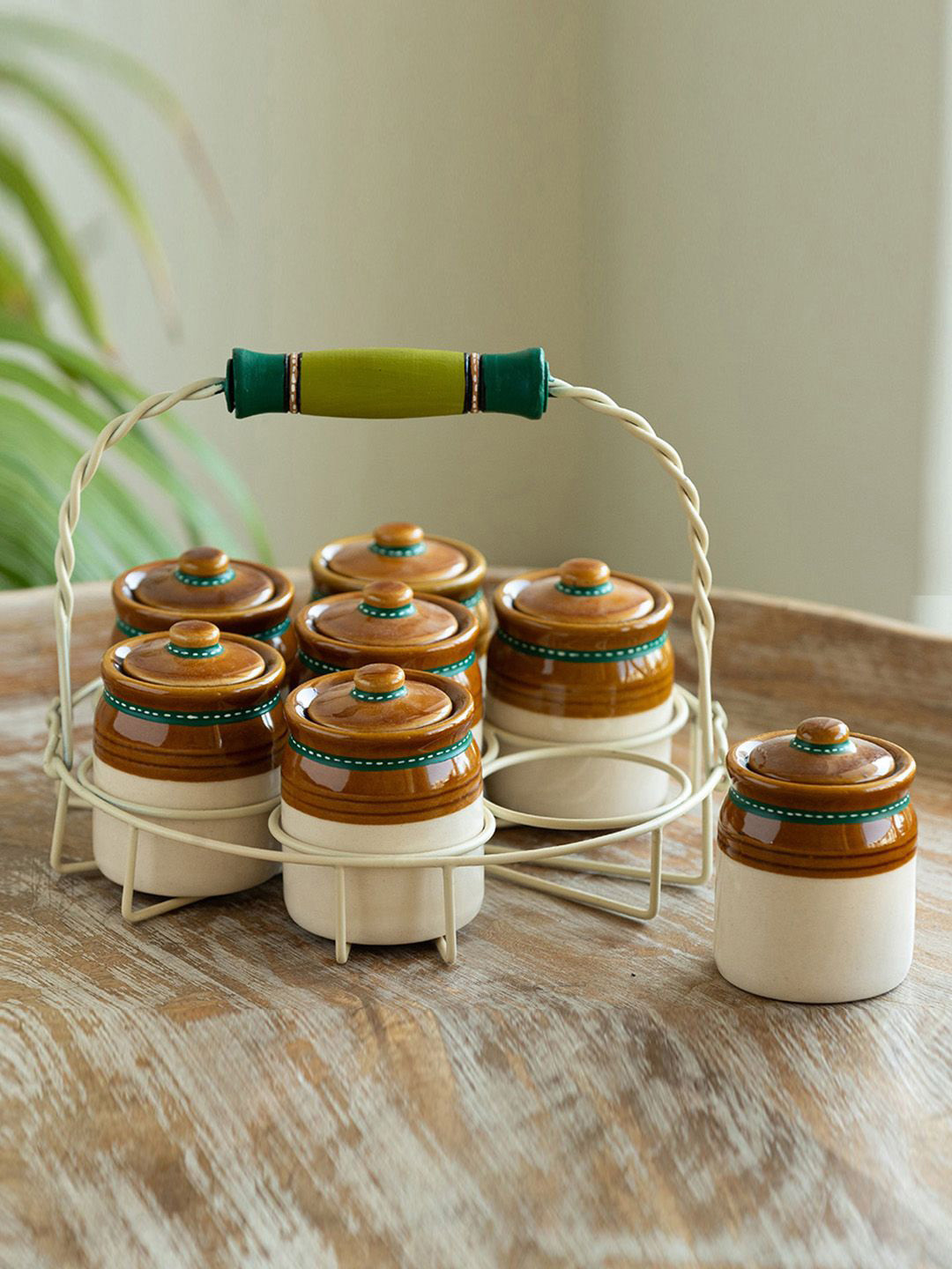 ExclusiveLane 'Old Martaban' Brown & White 8 Pieces Ceramic Jar With Holder 120ml Each