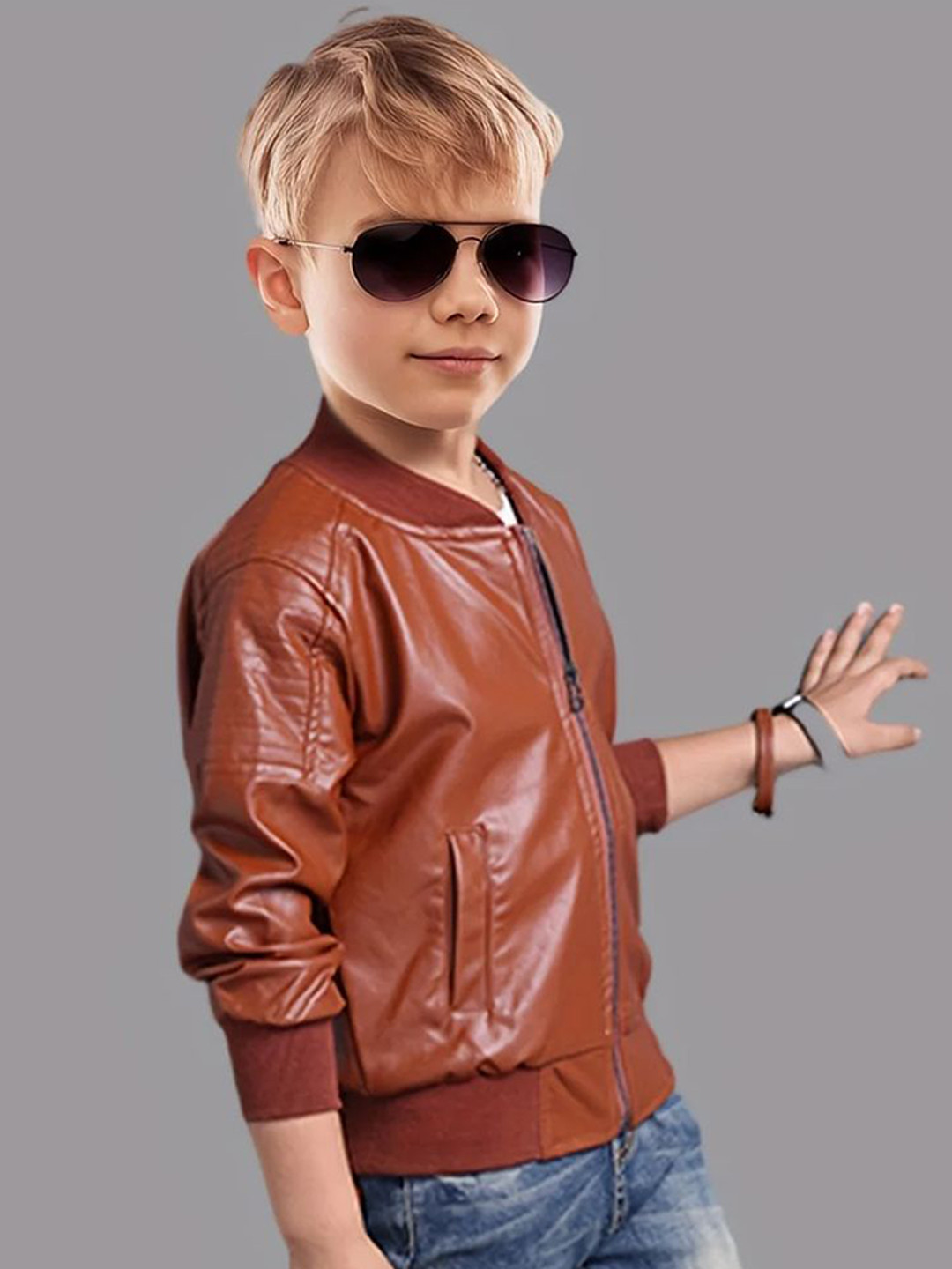 BAESD Kids Unisex Solid Leather Jacket