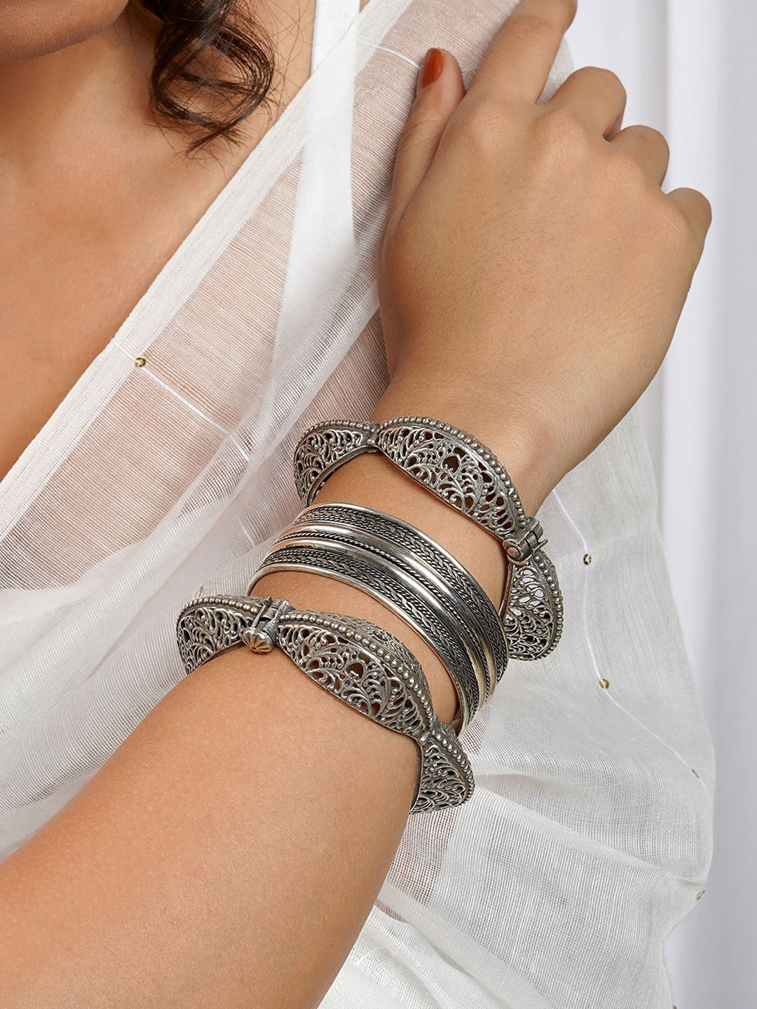 TEEJH Pack Of 3 Silver-Plated Bracelet Set
