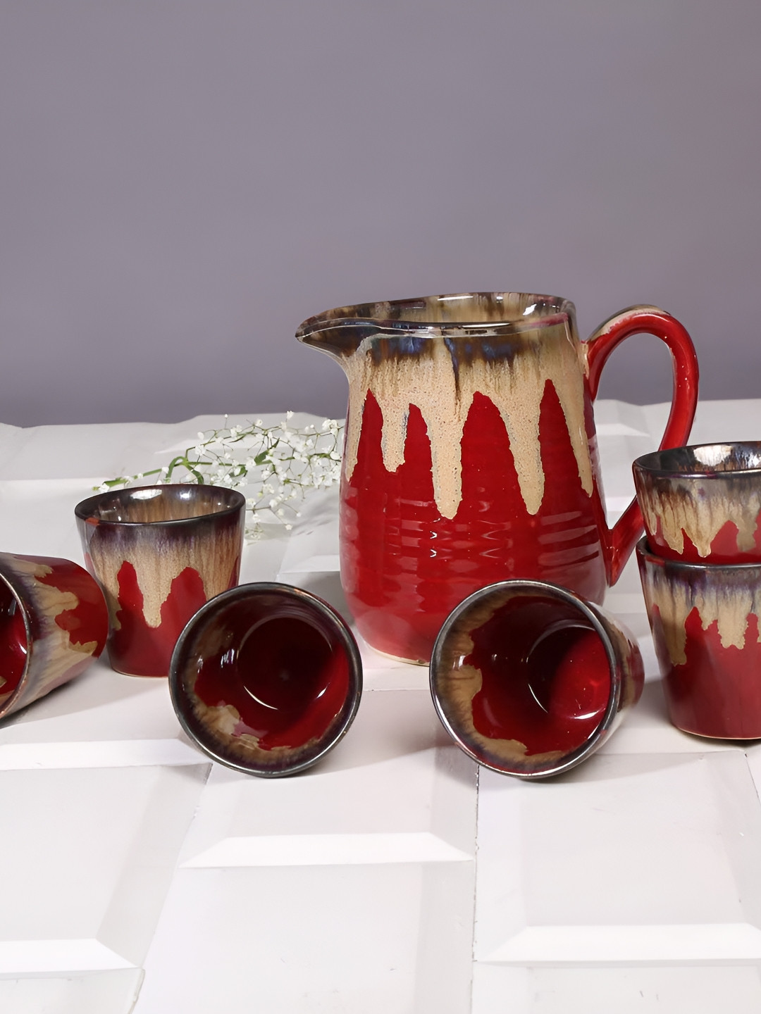 AMALAFIEE CERAMICS Red & Beige 7 Pieces Ceramic Water Jug & Glass