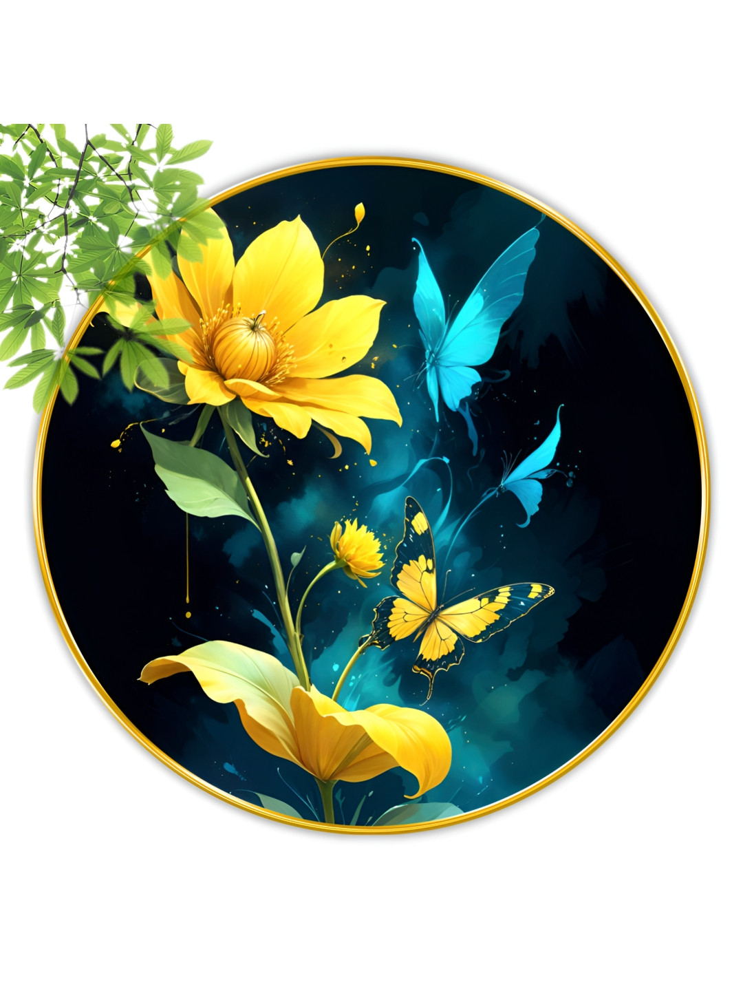 SAF Black & Yellow Floral Wooden Rounded Wall Paintings