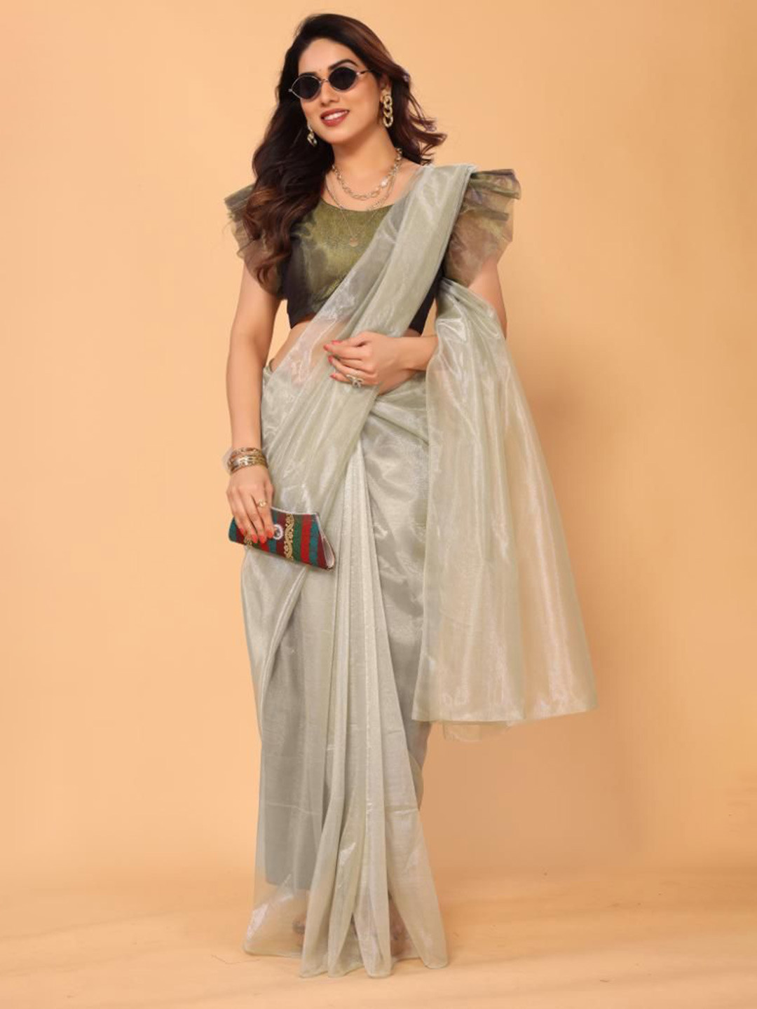 PATLANI STYLE Beautiful  Soft Twill net saree with solid Woven unstitched blouse