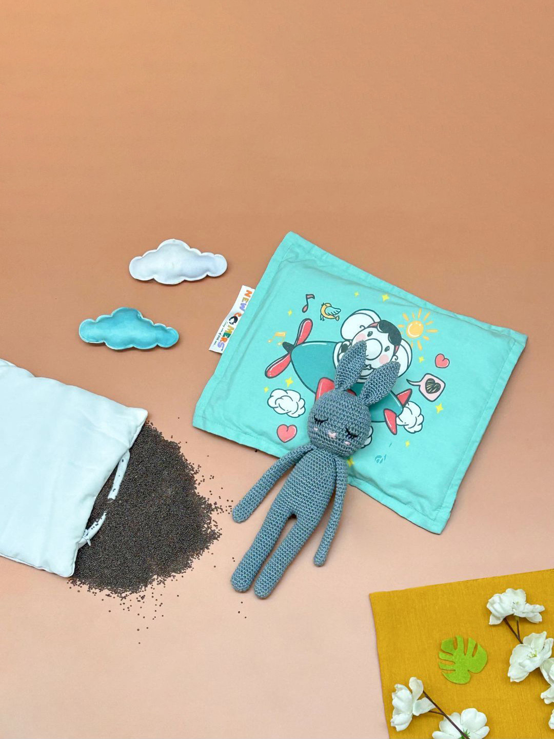 NEW COMERS Kids Green Printed Mustard Seed Filling Sleep Pillows