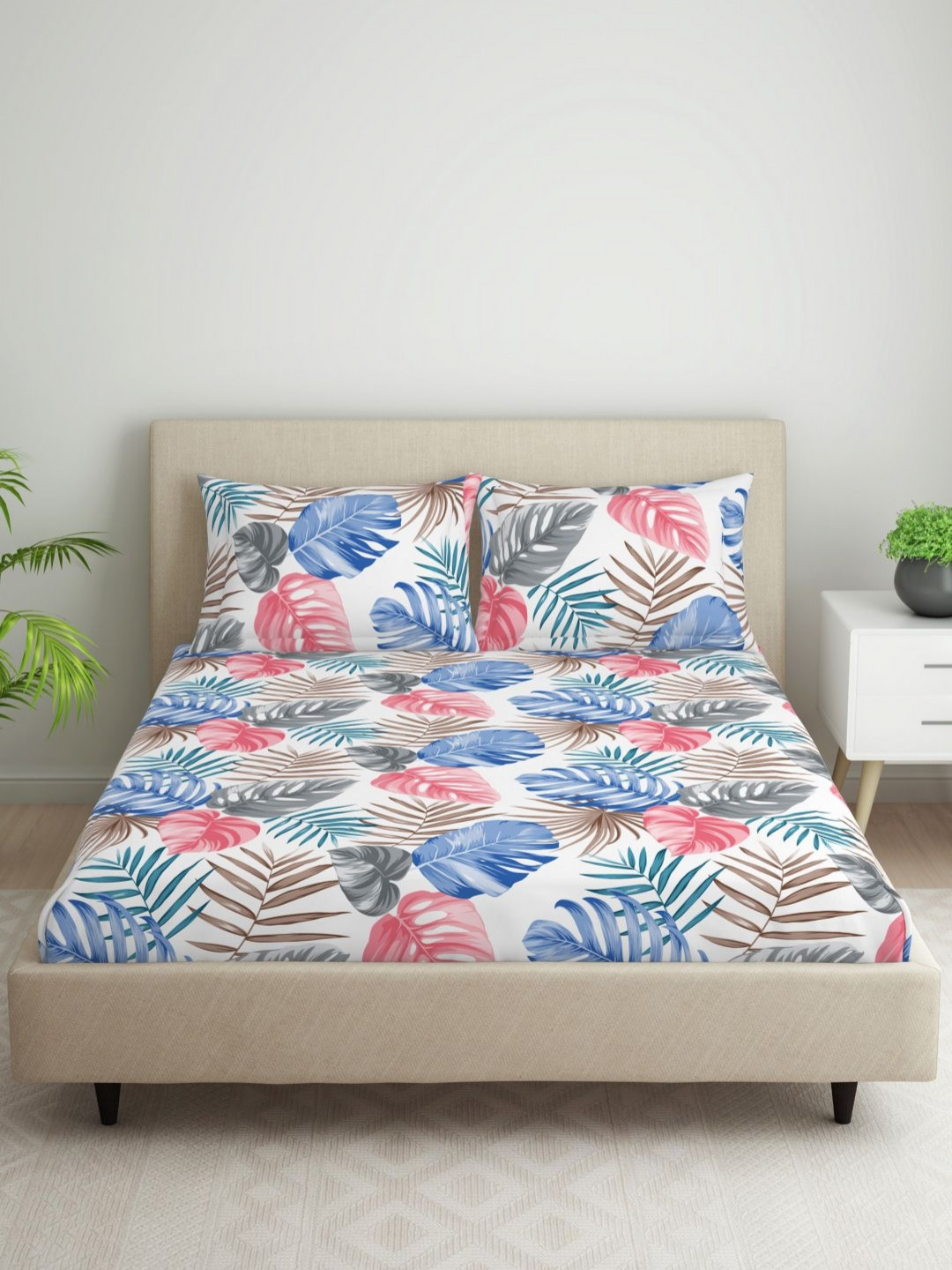 Welspun Pink Leaf Microfiber 104 TC Queen Coarse Bedsheet with 2 Pillow Covers-220 x 240 cm