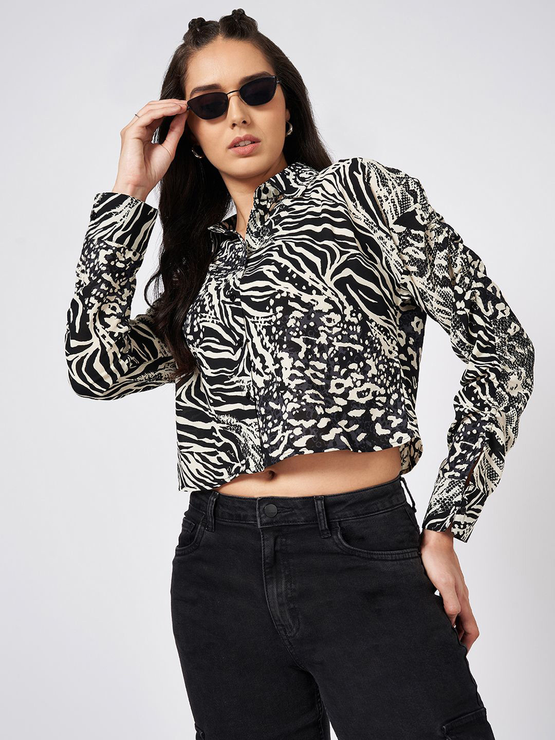 SF JEANS by Pantaloons Animal Print Shirt Style Crop Top