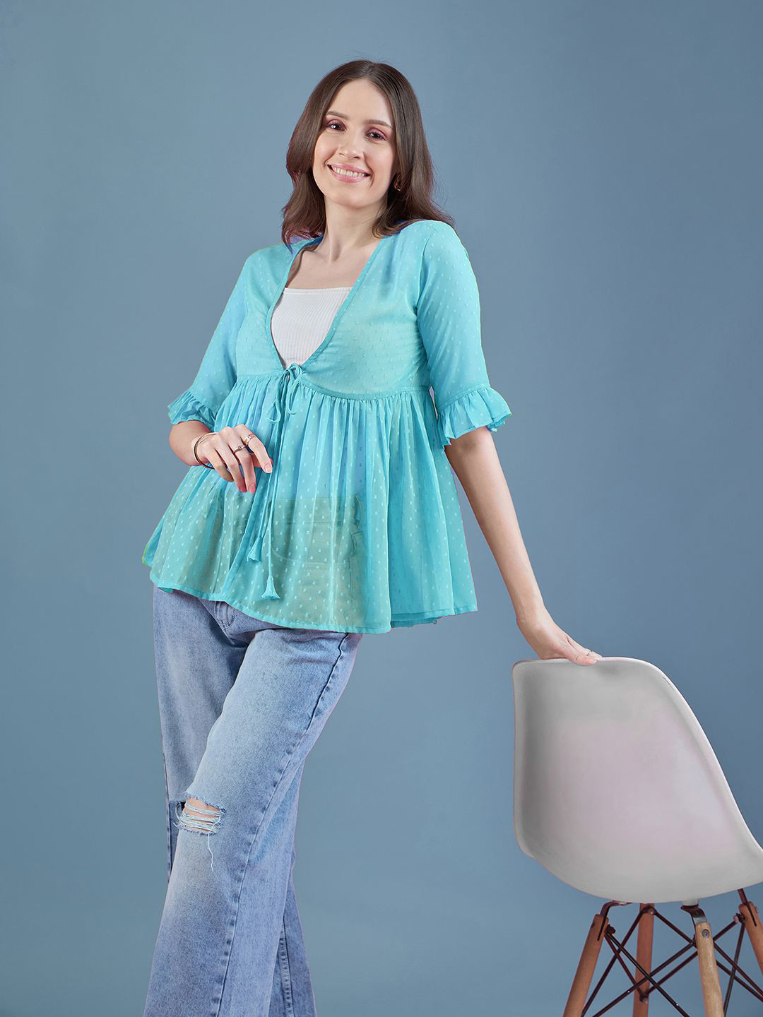 DressBerry Blue Self  Design Gathers Tie-Up Shrug