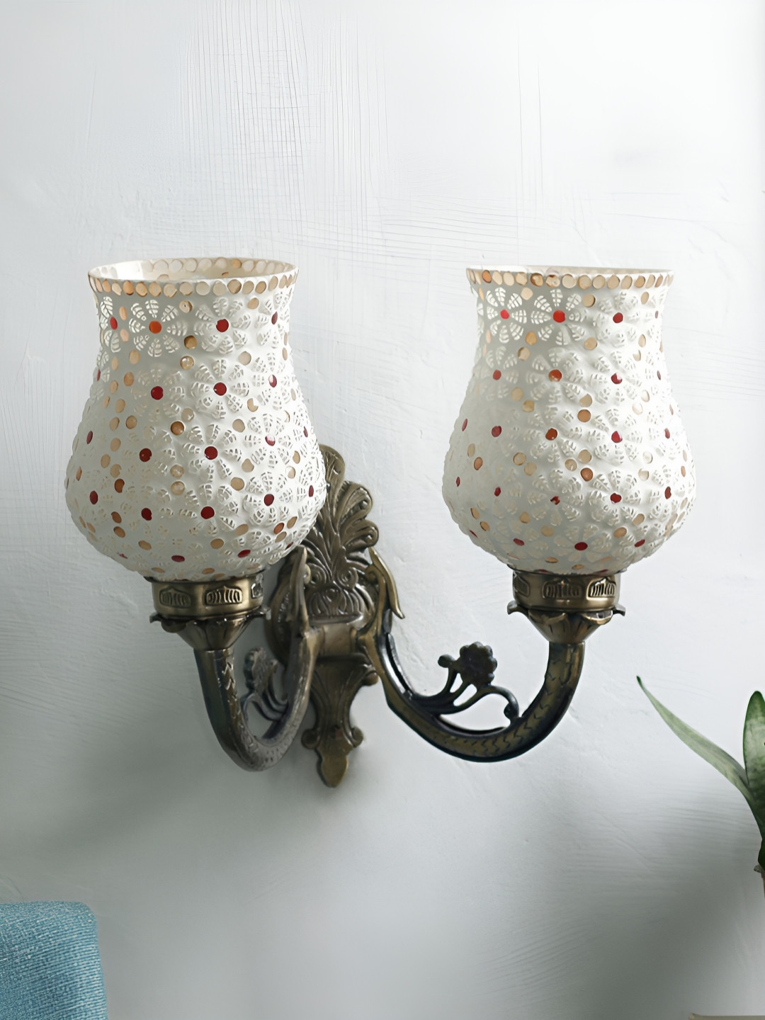 Devansh White & Red Geometric Textured Bell Shaped Metal & Glass Wall Lamp