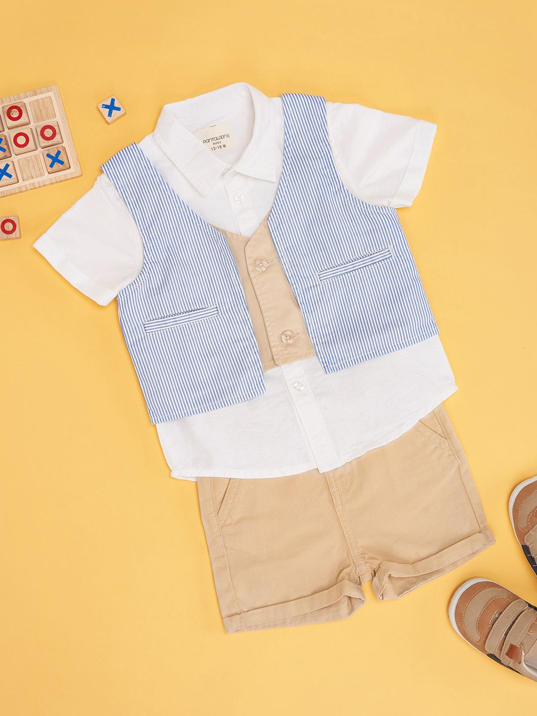 Pantaloons Baby Boys Striped Short Sleeves Pure Cotton Shirt With Shorts With Waistcoat