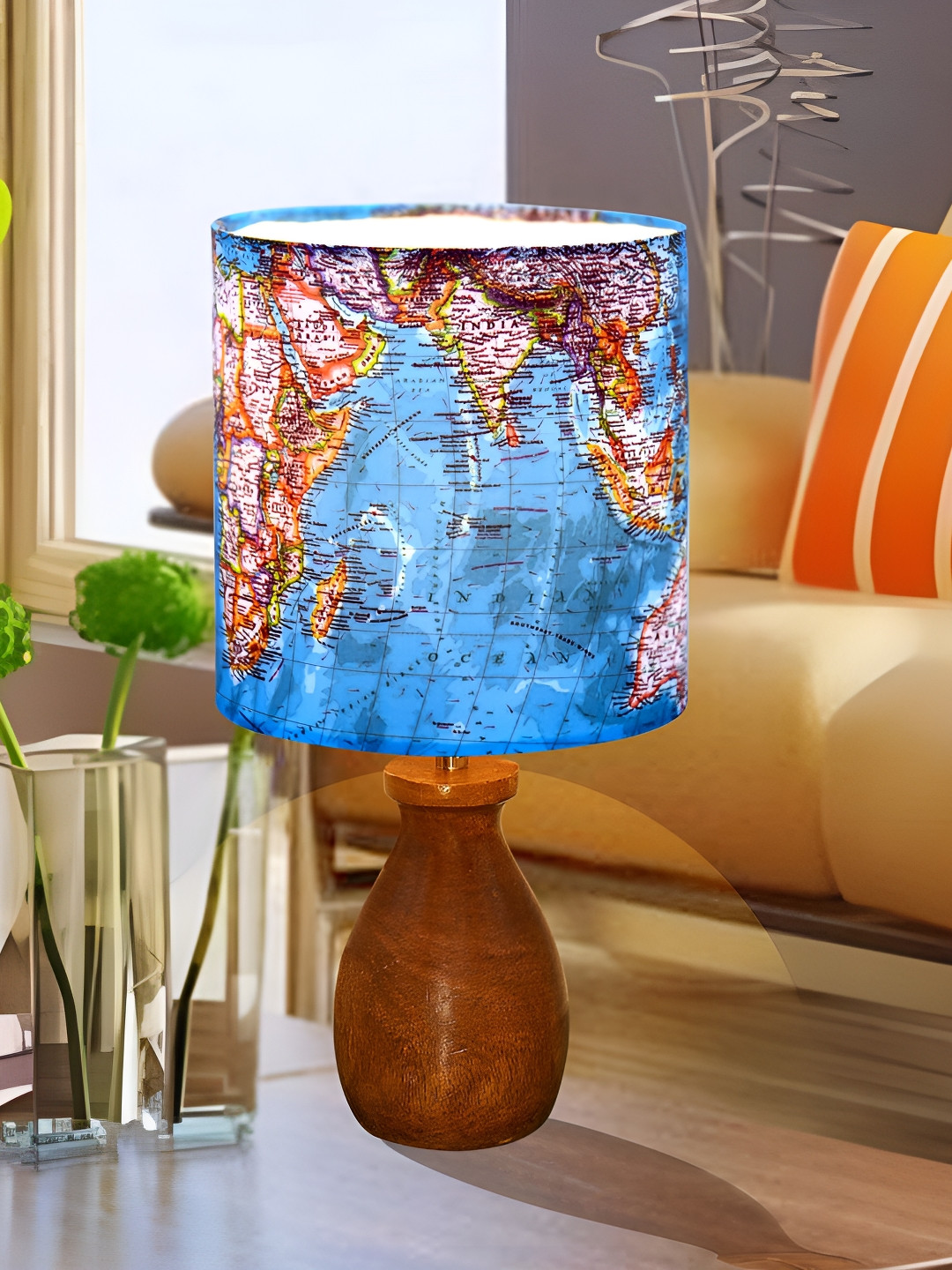 Homesake Warm Yellow Wood Cylinder Printed High Quality Electrical Table Lamps