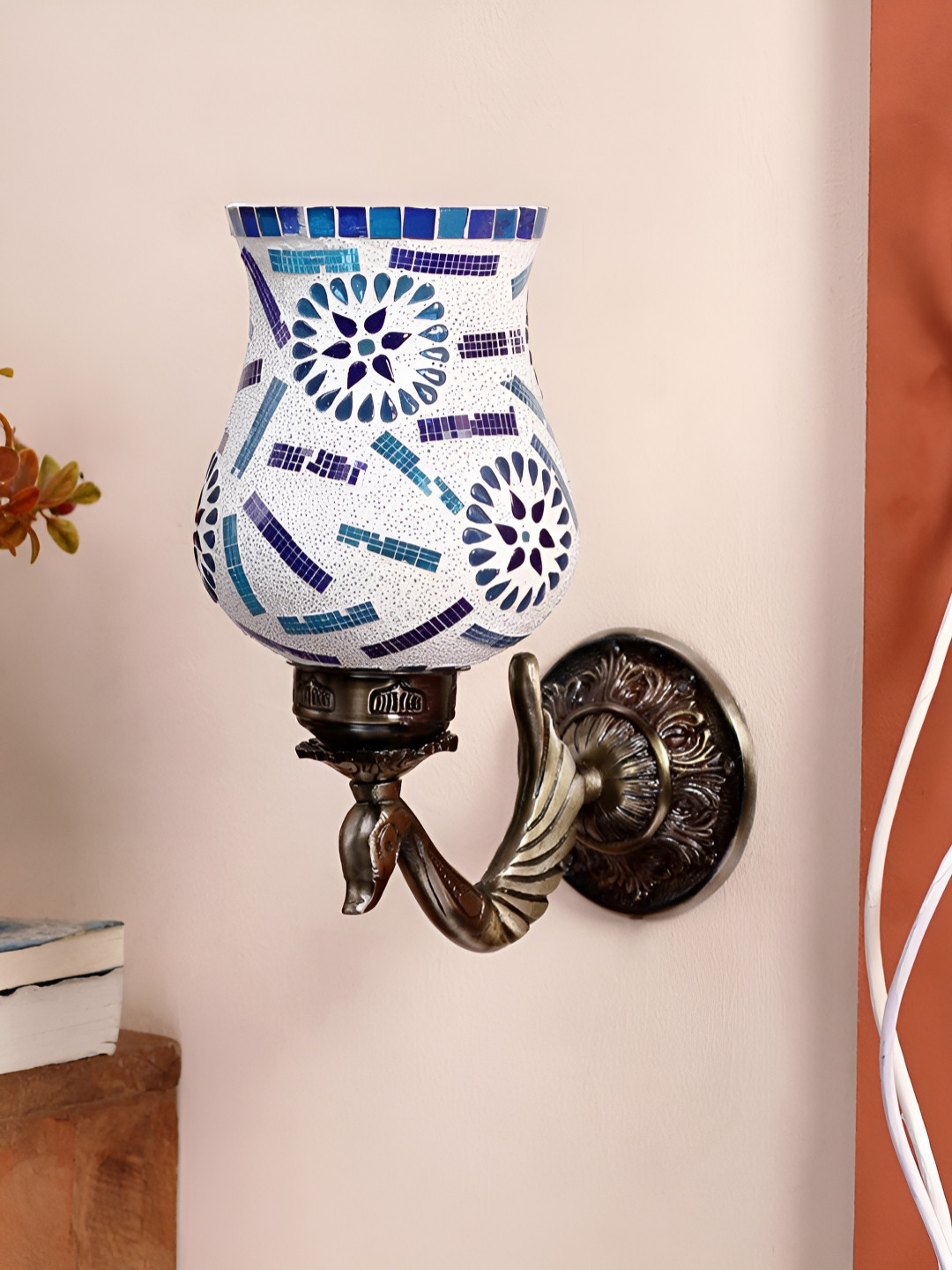 Devansh White & Blue Geometric Textured Bell Shaped Metal & Glass Wall Lamp