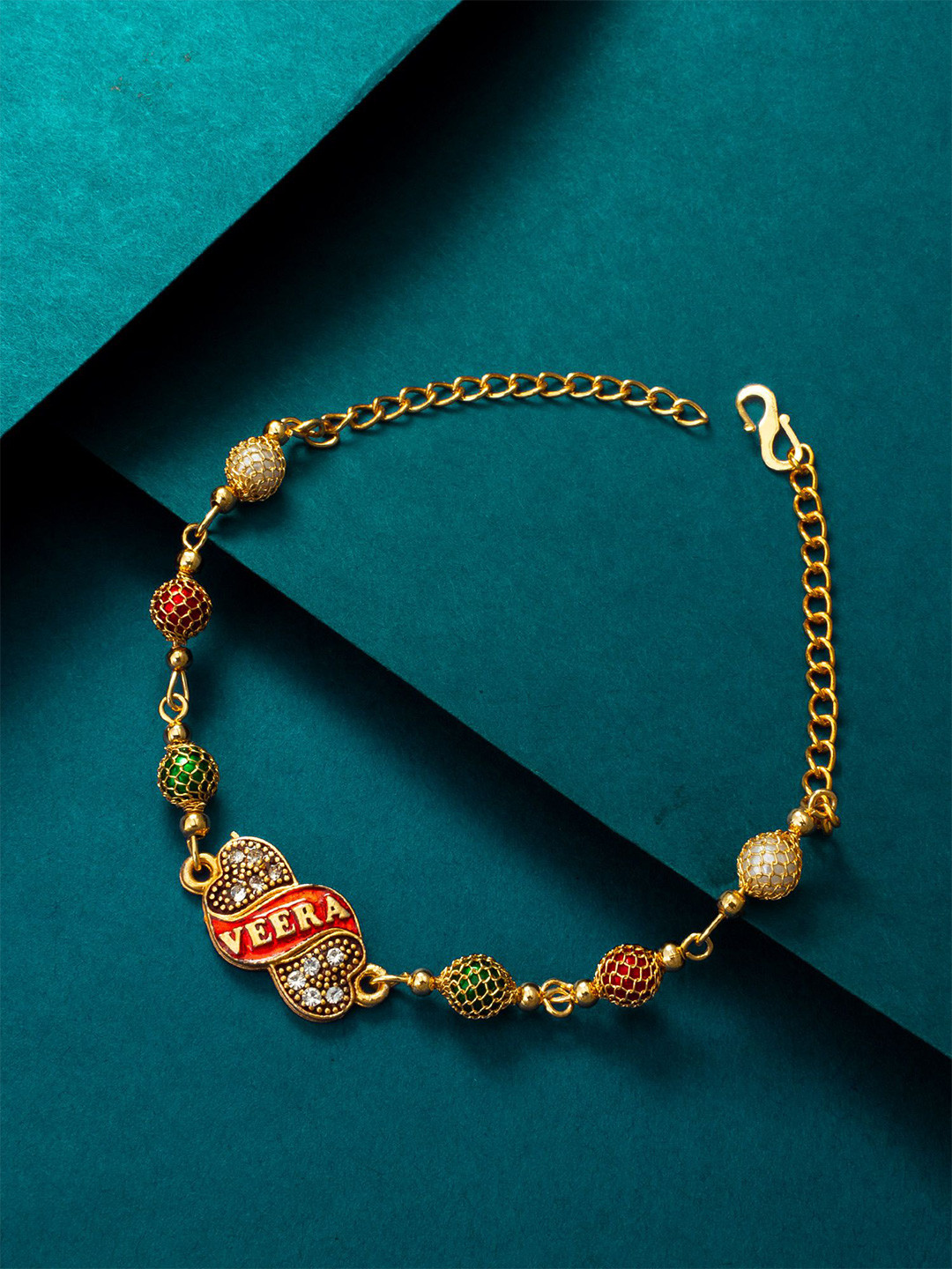 aadita Women Gold-Plated Stone Studded Ruby Name Link Bracelet