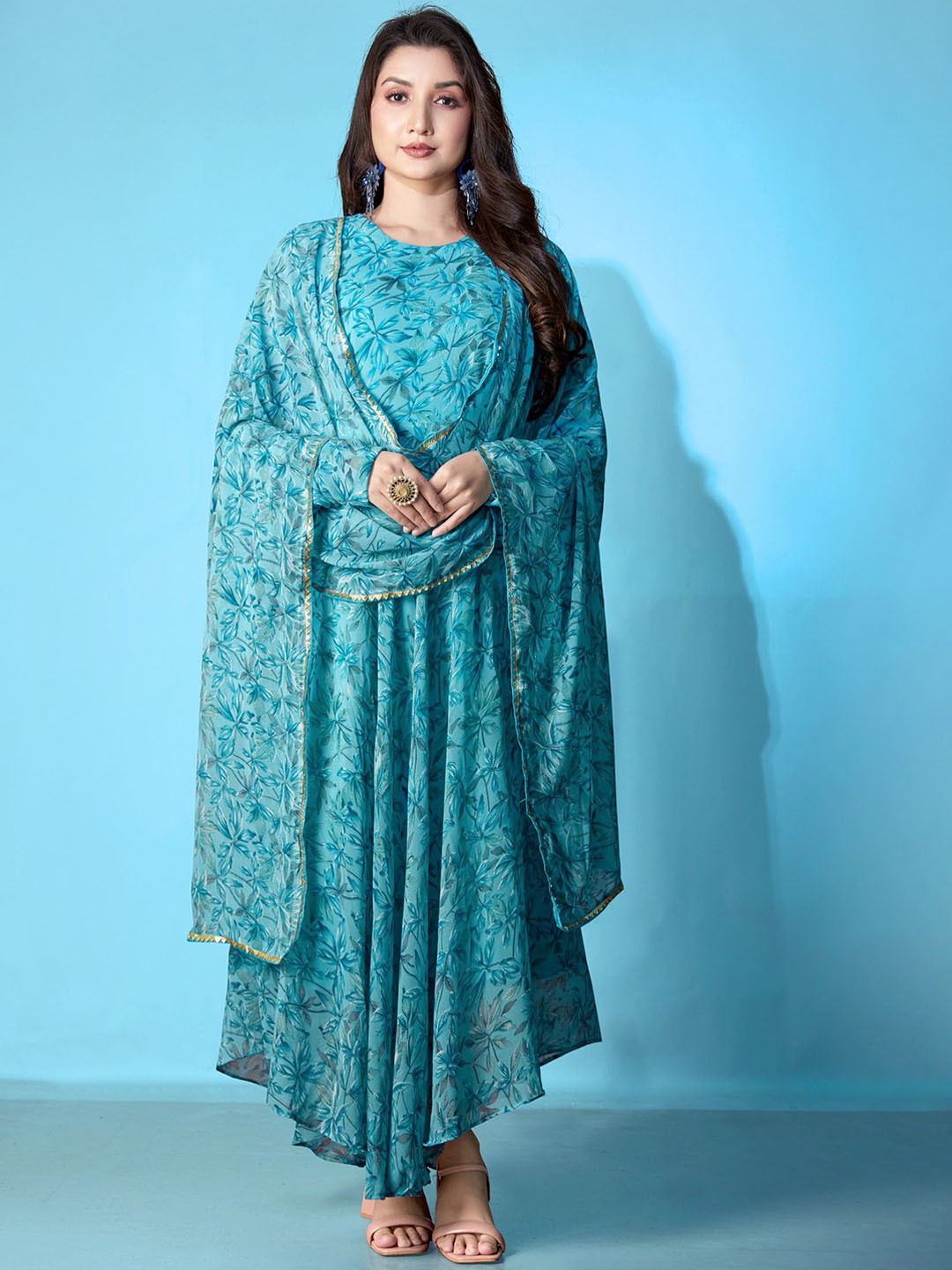 VARNI FABRICS Floral Printed Georgette Fit & Flare Maxi Ethnic Dress with Dupatta