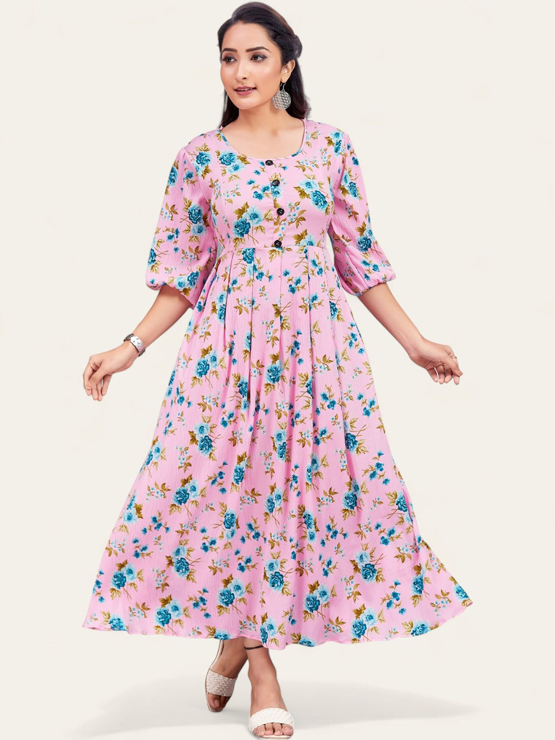 PAMPER YOURSELF Floral Printed Puff Sleeves Fit & Flare Maxi Dress