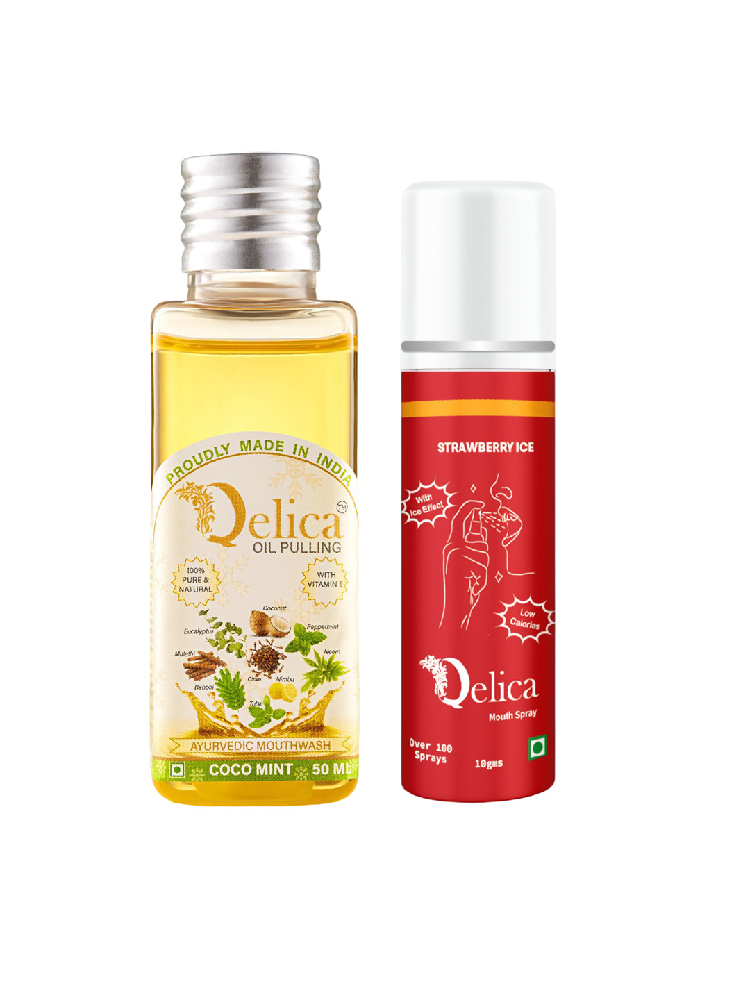 Qelica Set Of2 Ayurvedic Oil Pulling-50ml With Strawberry Ice Mouth Freshener Spray-10ml