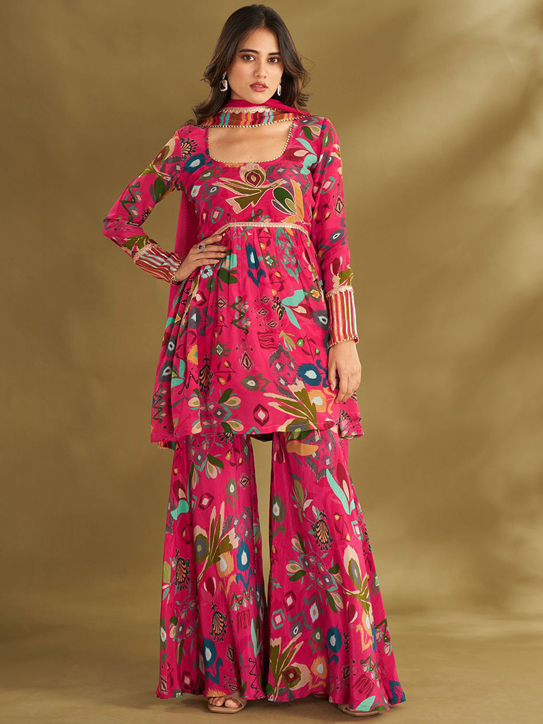 Affroz Floral Printed Empire Silk Crepe A-Line Kurti with Sharara & Dupatta