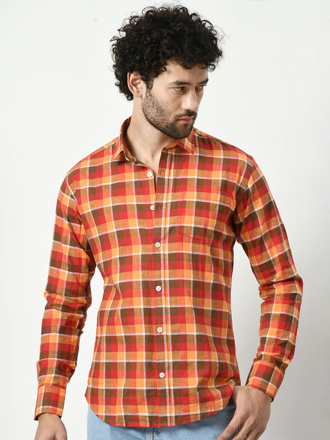 PEBCO Men Classic Spread Collar Tartan Checked Cotton Slim Fit Casual Shirt