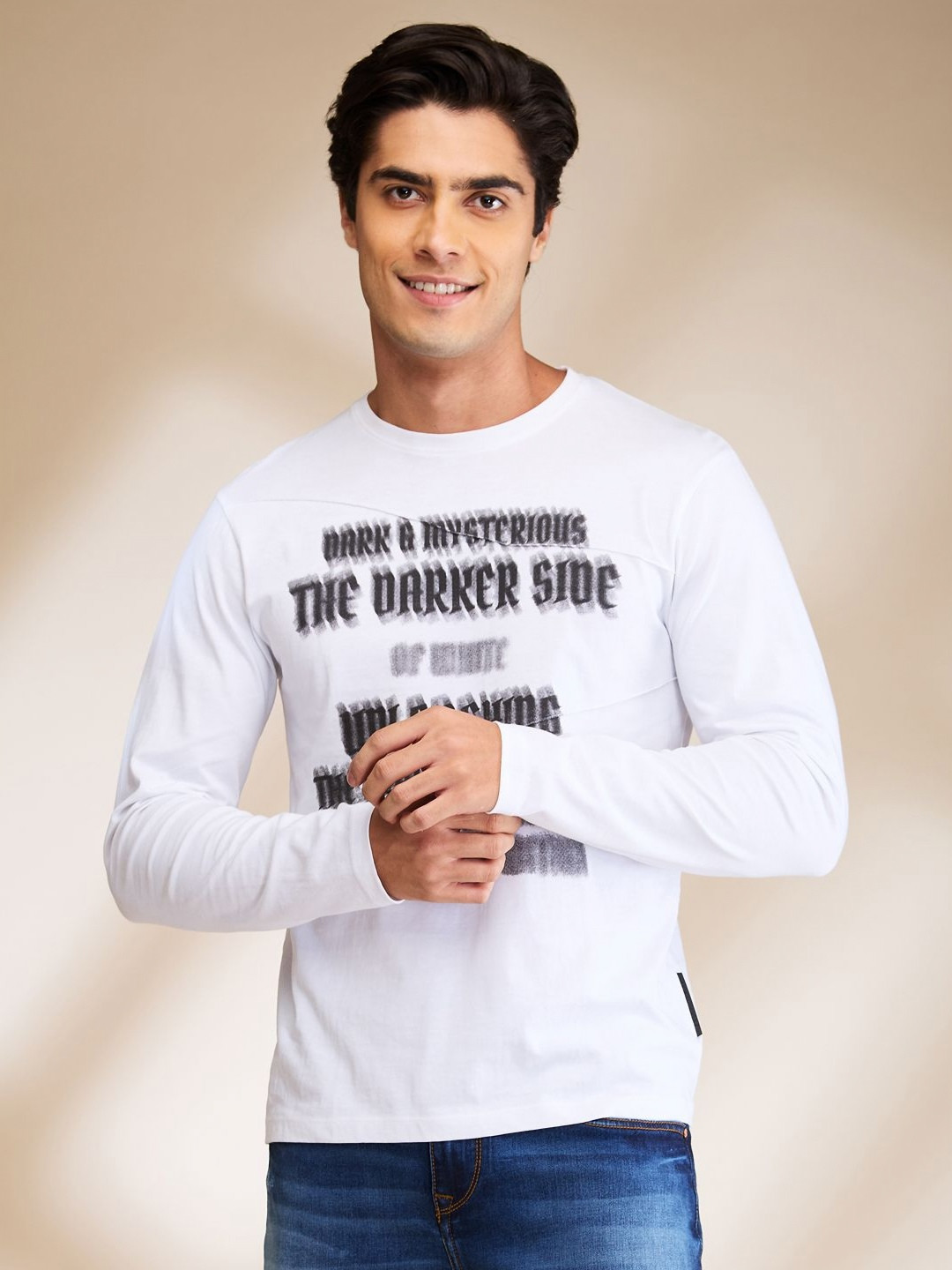 Being Human Men White Cotton Round Neck Full Sleeves Typography Applique Slim Fit T-shirt