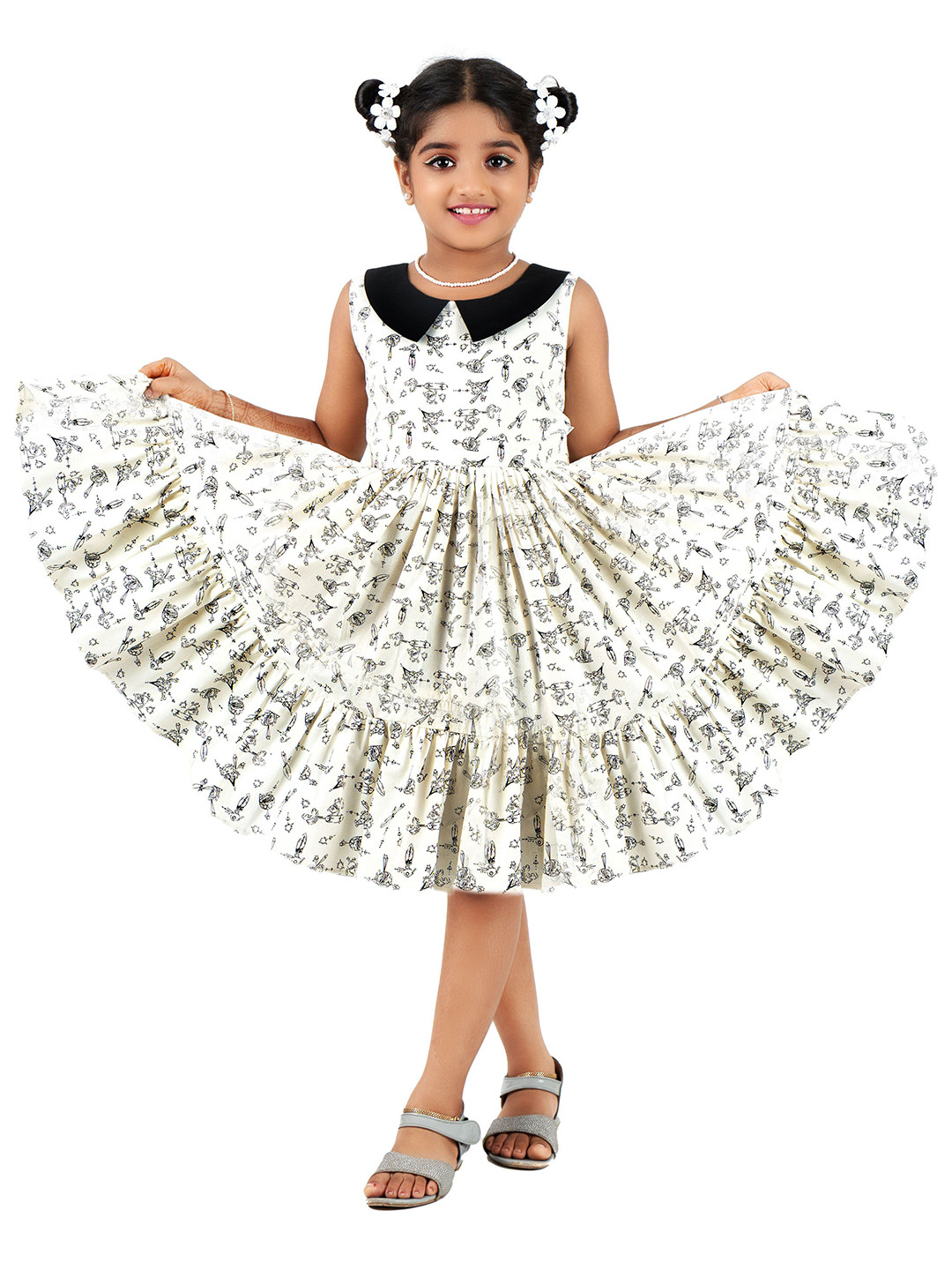 STANWELLS KIDS Girls Conversational Printed Peter Pan Collar Slit Sleeve Fit & Flare Dress