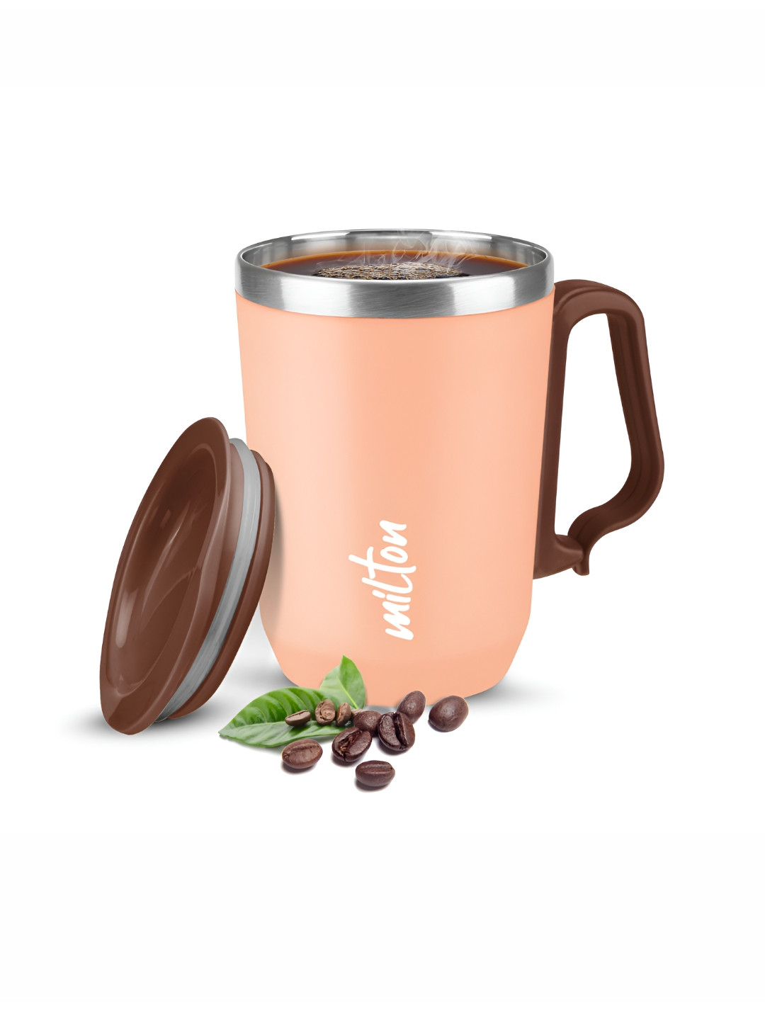 Milton Cool Touch Coastal 350 Peach Non Insulated SS Mug with Handle & Lid-300 ml