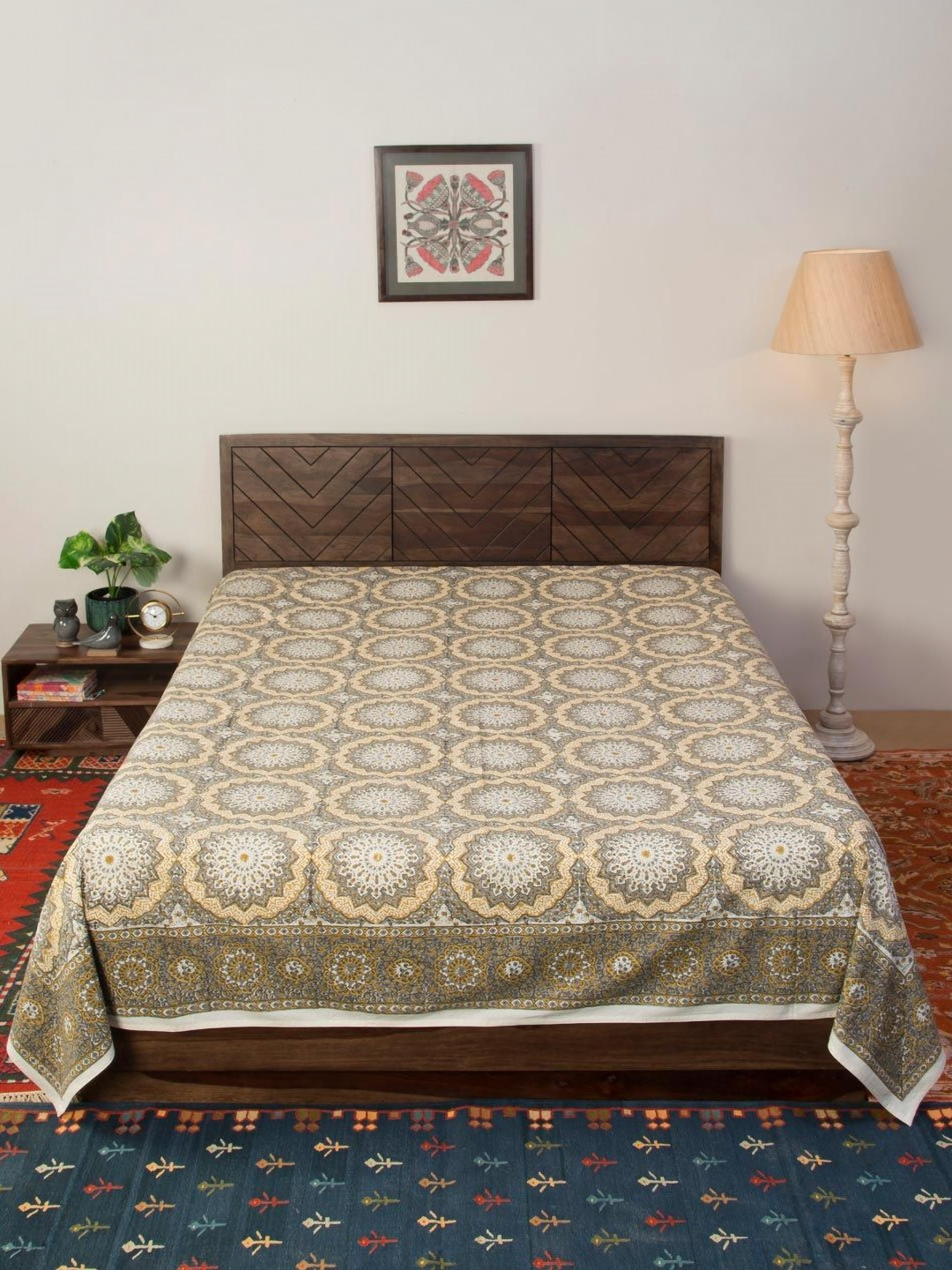 Fabindia Grey & Yellow Floral Printed Cotton 120 TC Double Bed Cover