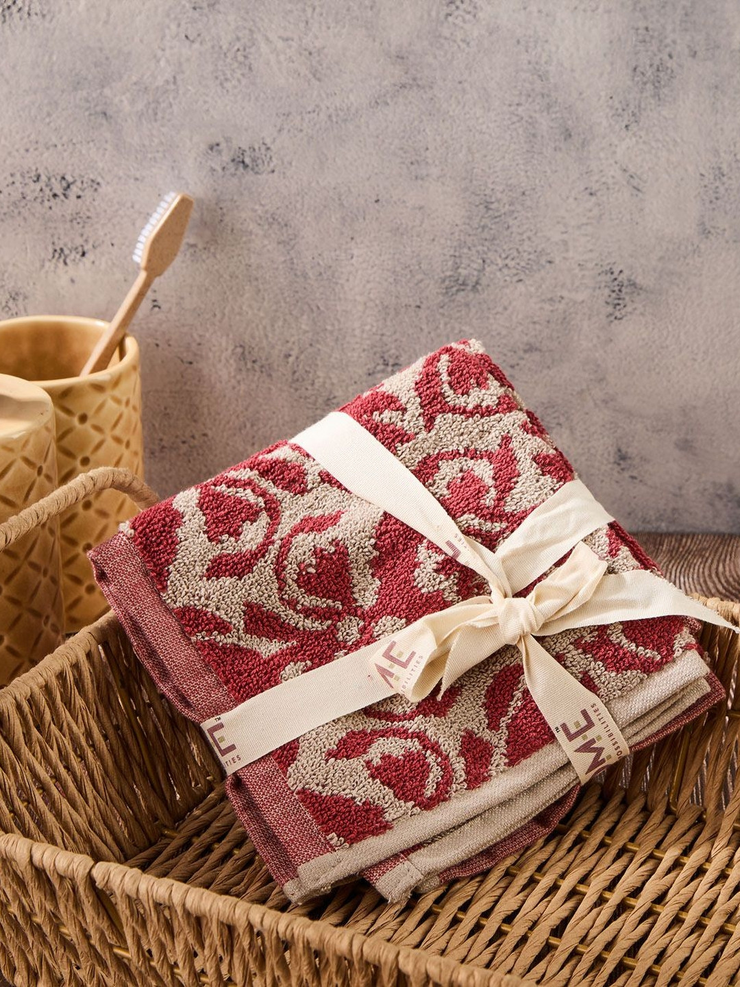 Fabindia Red & Off White 2 Pieces Printed Cotton 570 GSM Towel Set