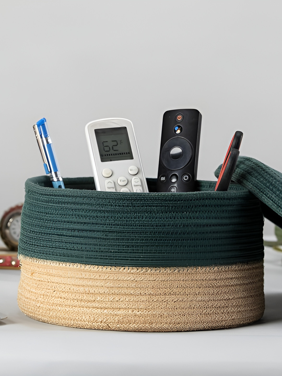 SUI DHAGGA Green & Brown Striped Jute Cotton Shelf Basket with Lid