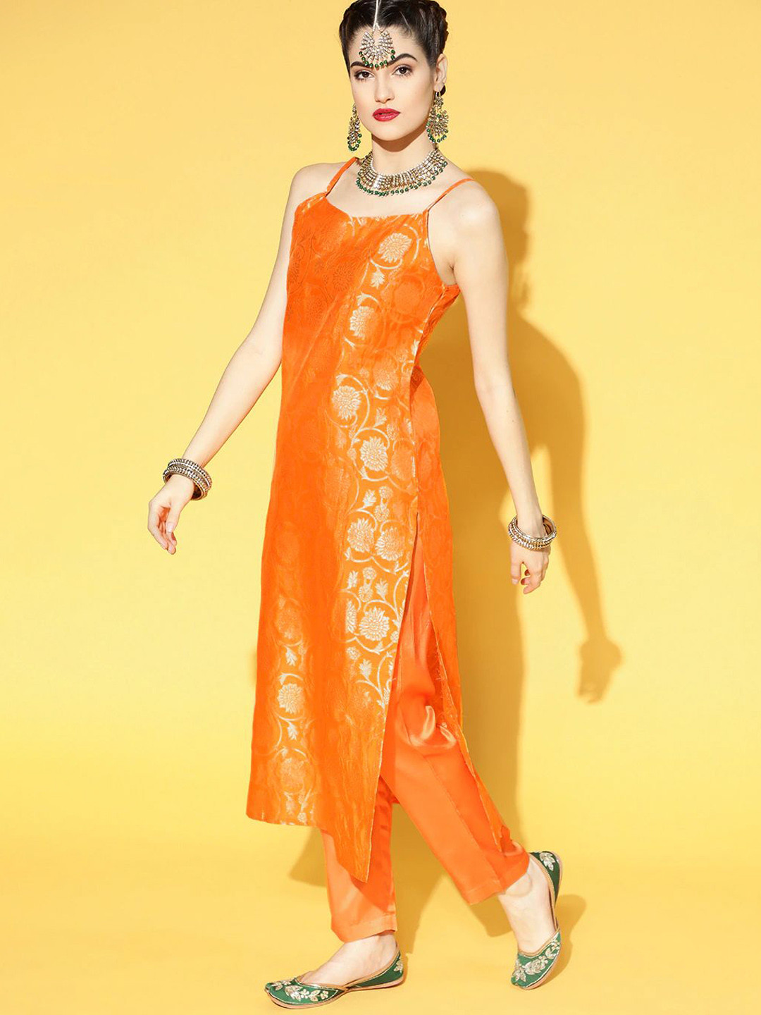 KALINI Floral Woven Design Shoulder Straps Jacquard Straight Kurta with Trousers & Dupatta