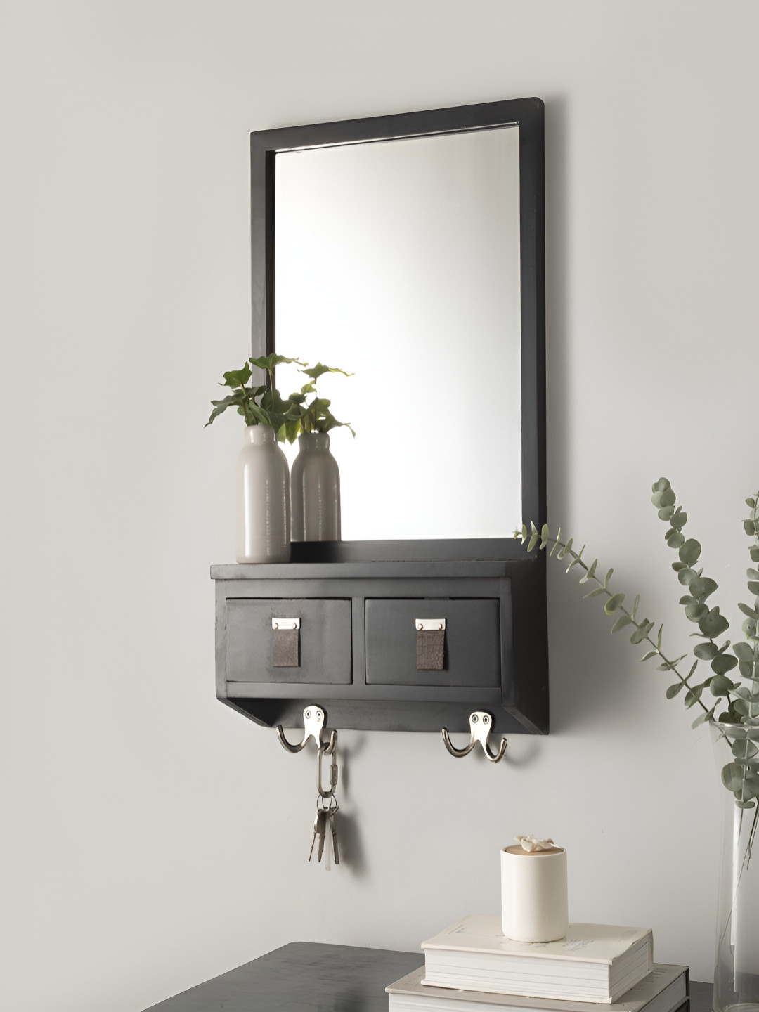NILAAY Duke Black Rectangular Shaped Wooden Wall  Mirror