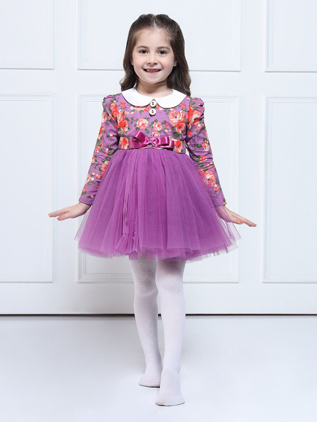 THE PONY & PEONY CO. Girls Floral Printed Puff Sleeves Fit and Flare Dress
