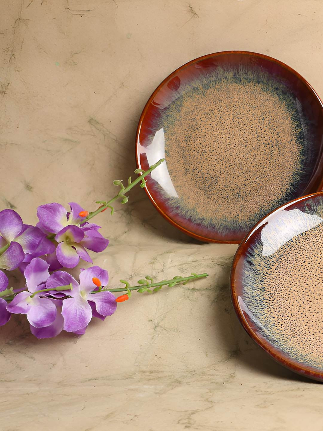AMALAFIEE CERAMICS Brown & Red 2 Pieces Printed Matte Ceramic Microwave Safe Plates