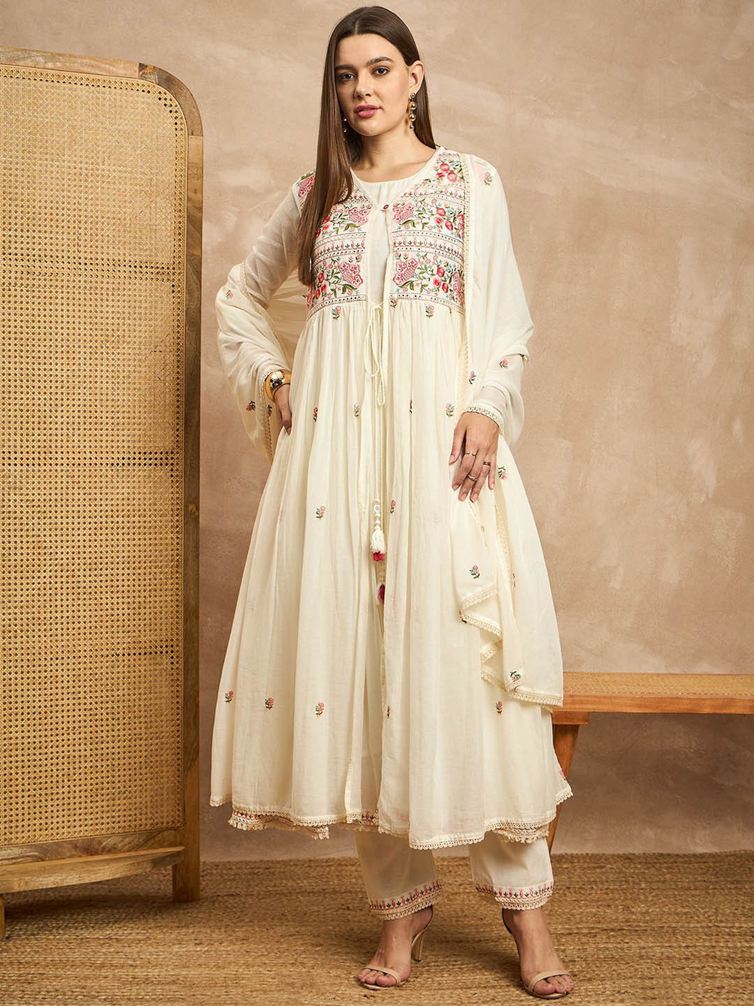 all about you White Floral Embroidered Round Neck Anarkali Kurta with Trousers & Dupatta
