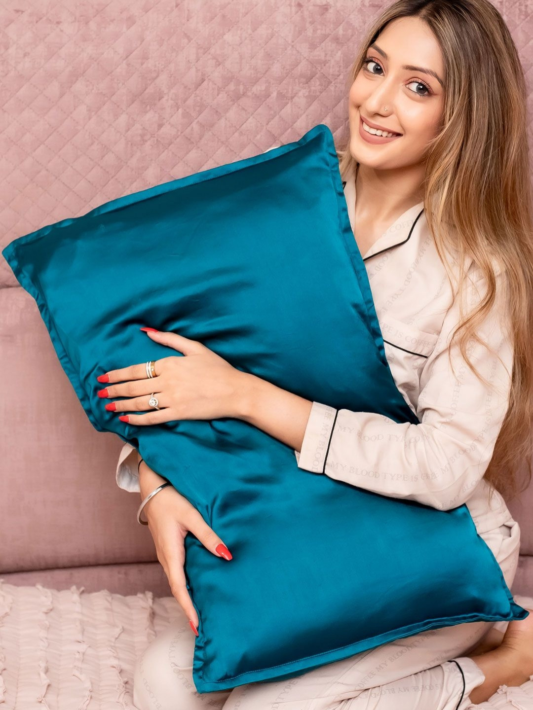 Furbo Teal Blue Pure Silk Rectangle Pillow Cover