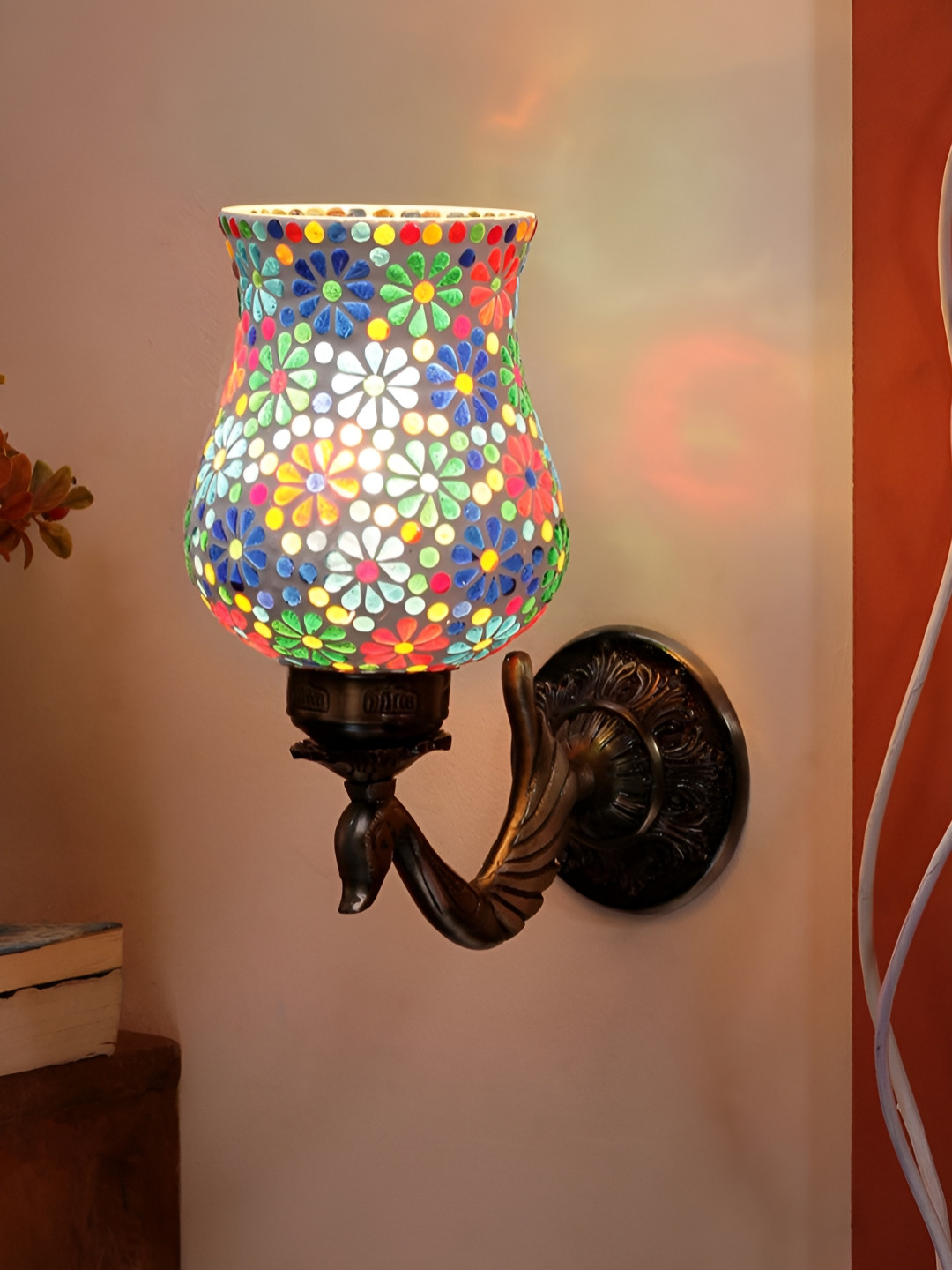 Devansh White & Blue Floral Textured Bell Shaped Metal & Glass Wall Lamp