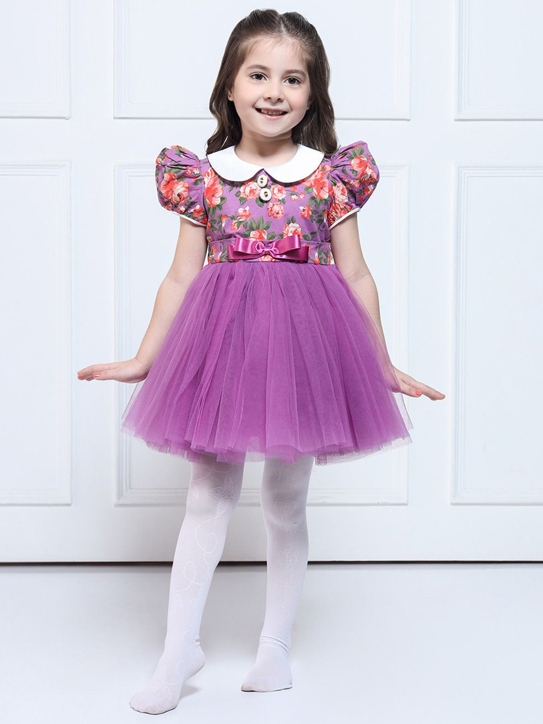 THE PONY & PEONY CO. Girls Floral Printed Puff Sleeve Fit & Flare Dress