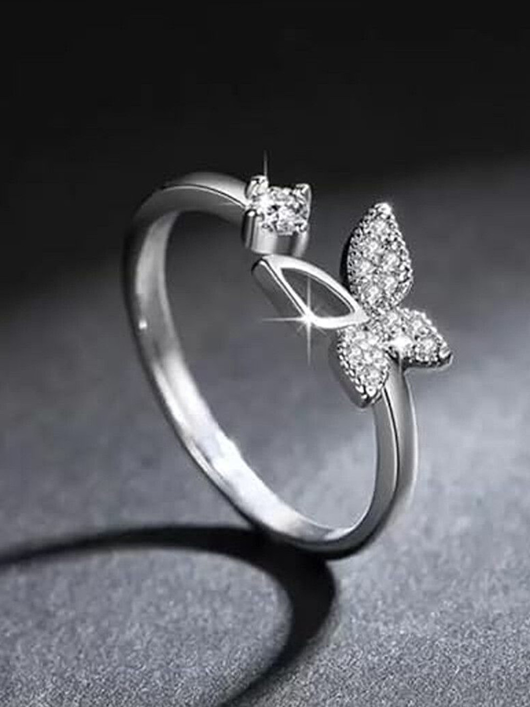 Lila Silver-Plated CZ-Studded Butterfly Design Adjustable Finger Ring