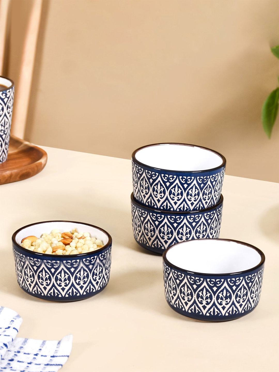 Nestasia Navy Blue & White 4 Pieces Printed Ceramic Serving Bowl - 200ml Each